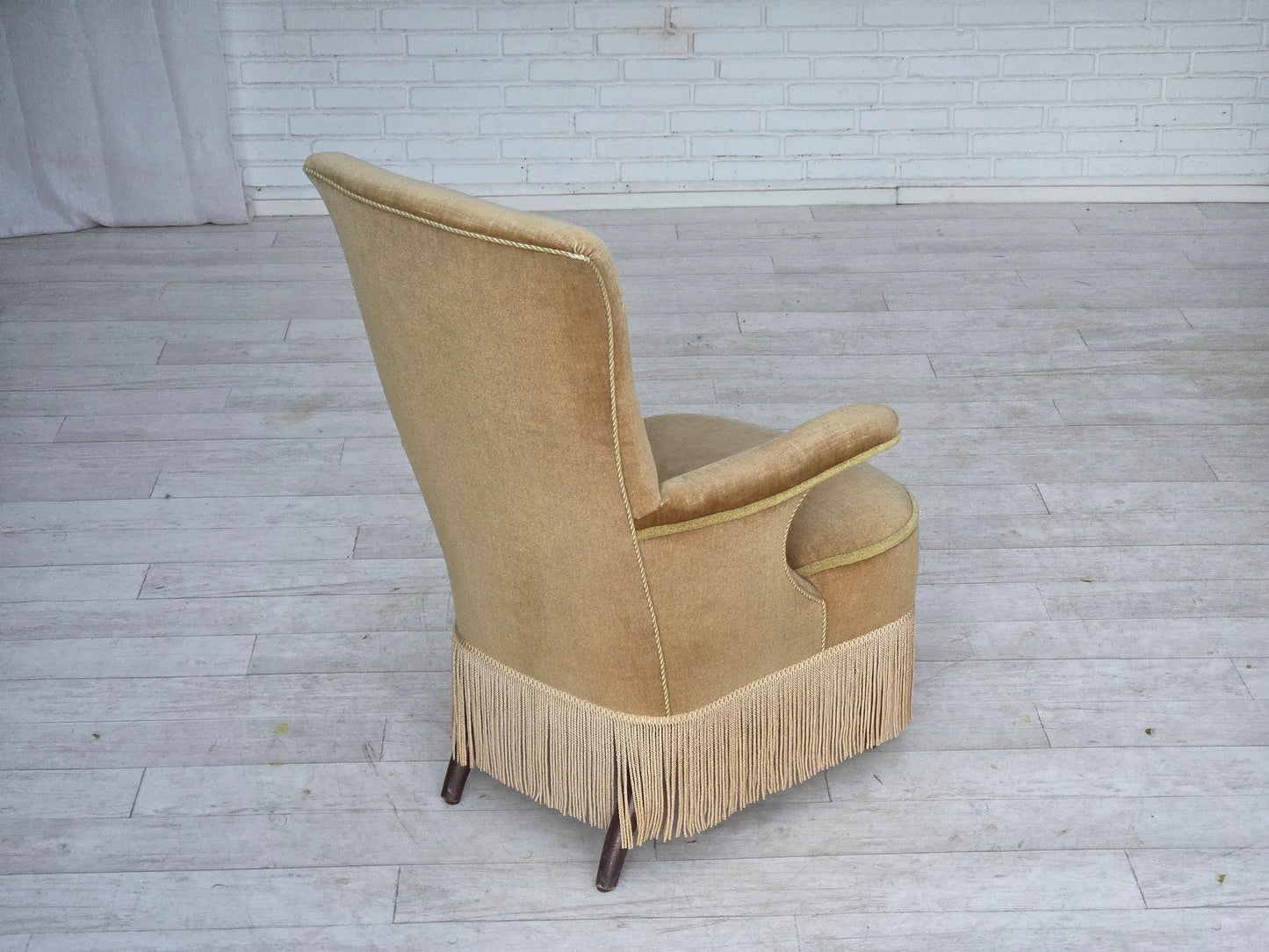 1950s, Danish armchair, furniture velour, ash wood legs.