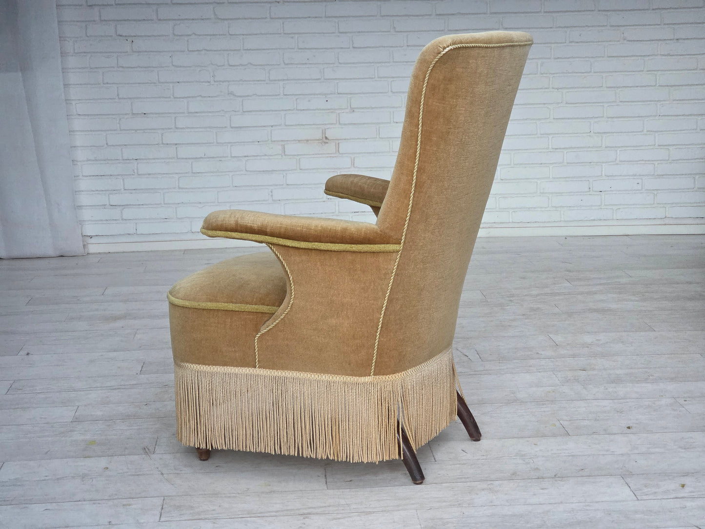1950s, Danish armchair, furniture velour, ash wood legs.