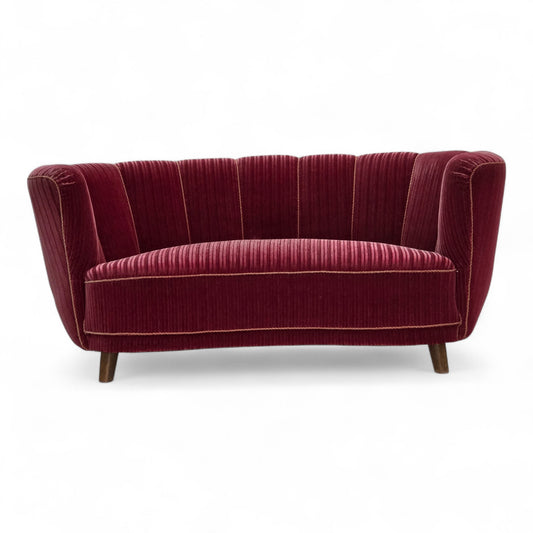 1960s, Danish 2-seater "Banana" sofa, red furniture velour, oak wood.