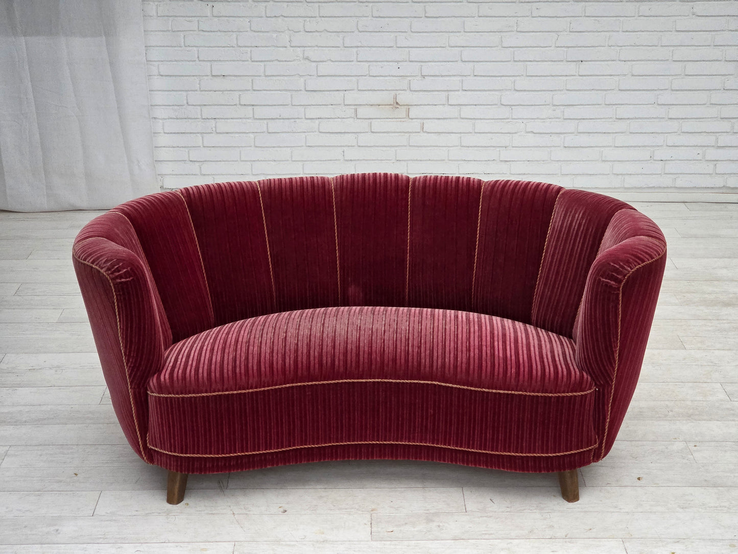 1960s, Danish 2-seater "Banana" sofa, red furniture velour, oak wood.