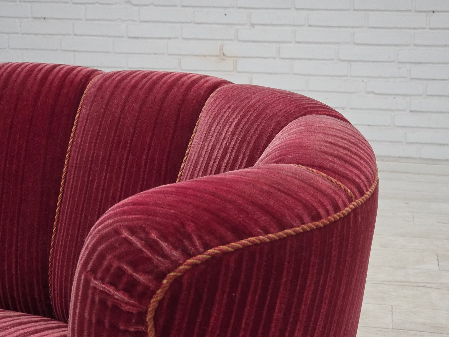 1960s, Danish 2-seater "Banana" sofa, red furniture velour, oak wood.