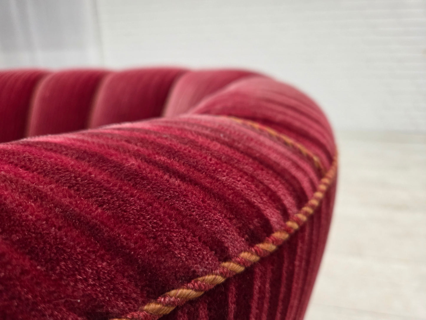 1960s, Danish 2-seater "Banana" sofa, red furniture velour, oak wood.