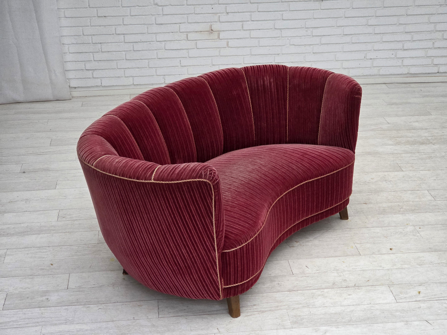 1960s, Danish 2-seater "Banana" sofa, red furniture velour, oak wood.