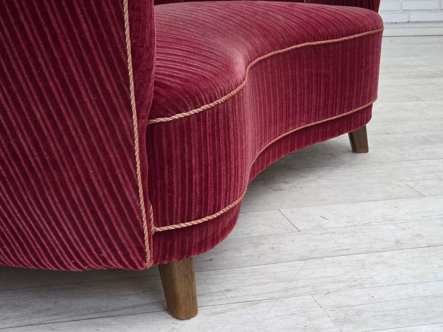 1960s, Danish 2-seater "Banana" sofa, red furniture velour, oak wood.