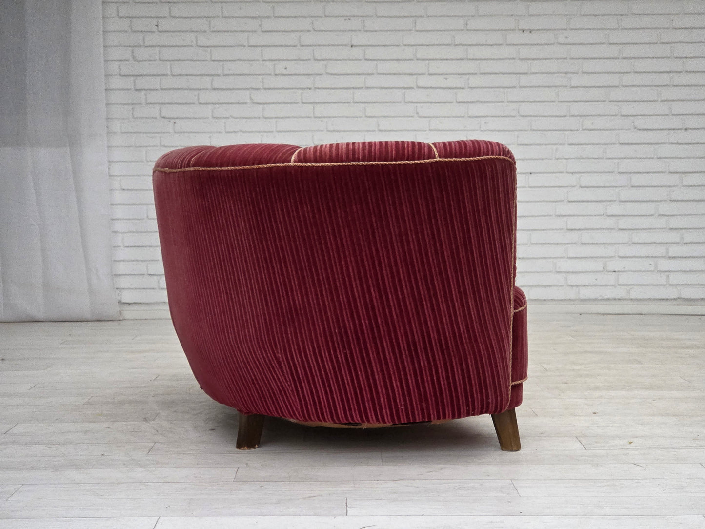 1960s, Danish 2-seater "Banana" sofa, red furniture velour, oak wood.