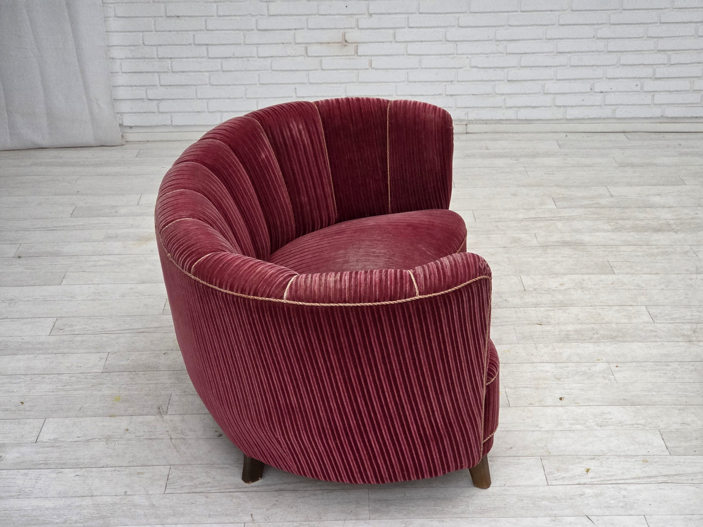 1960s, Danish 2-seater "Banana" sofa, red furniture velour, oak wood.