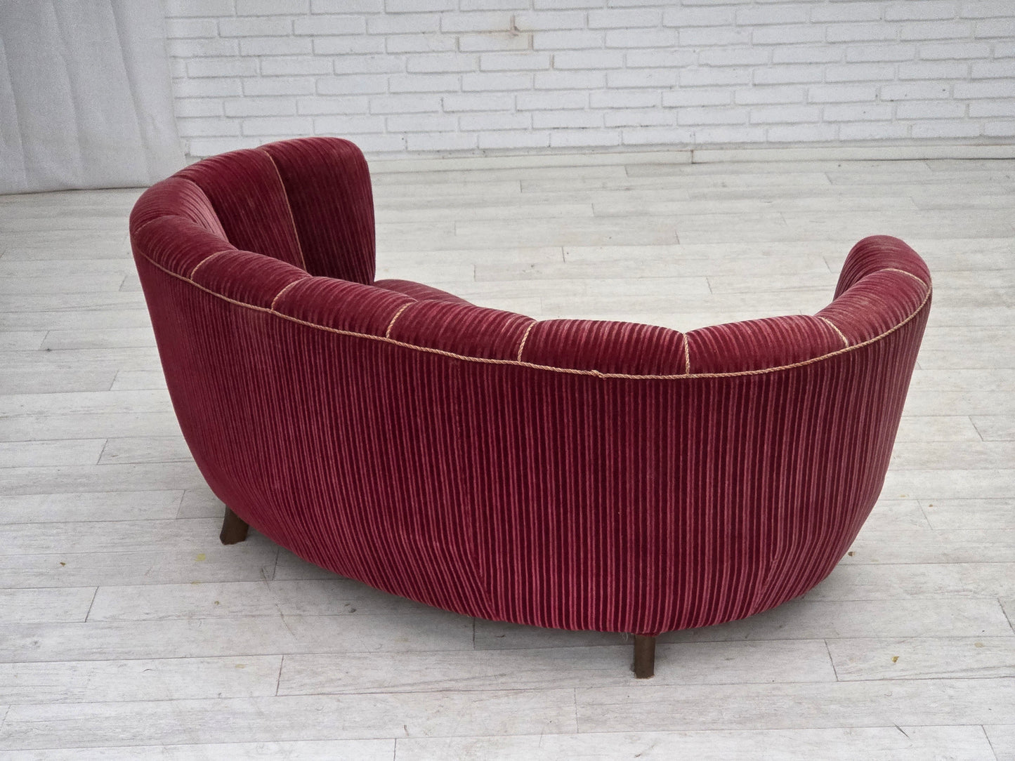 1960s, Danish 2-seater "Banana" sofa, red furniture velour, oak wood.