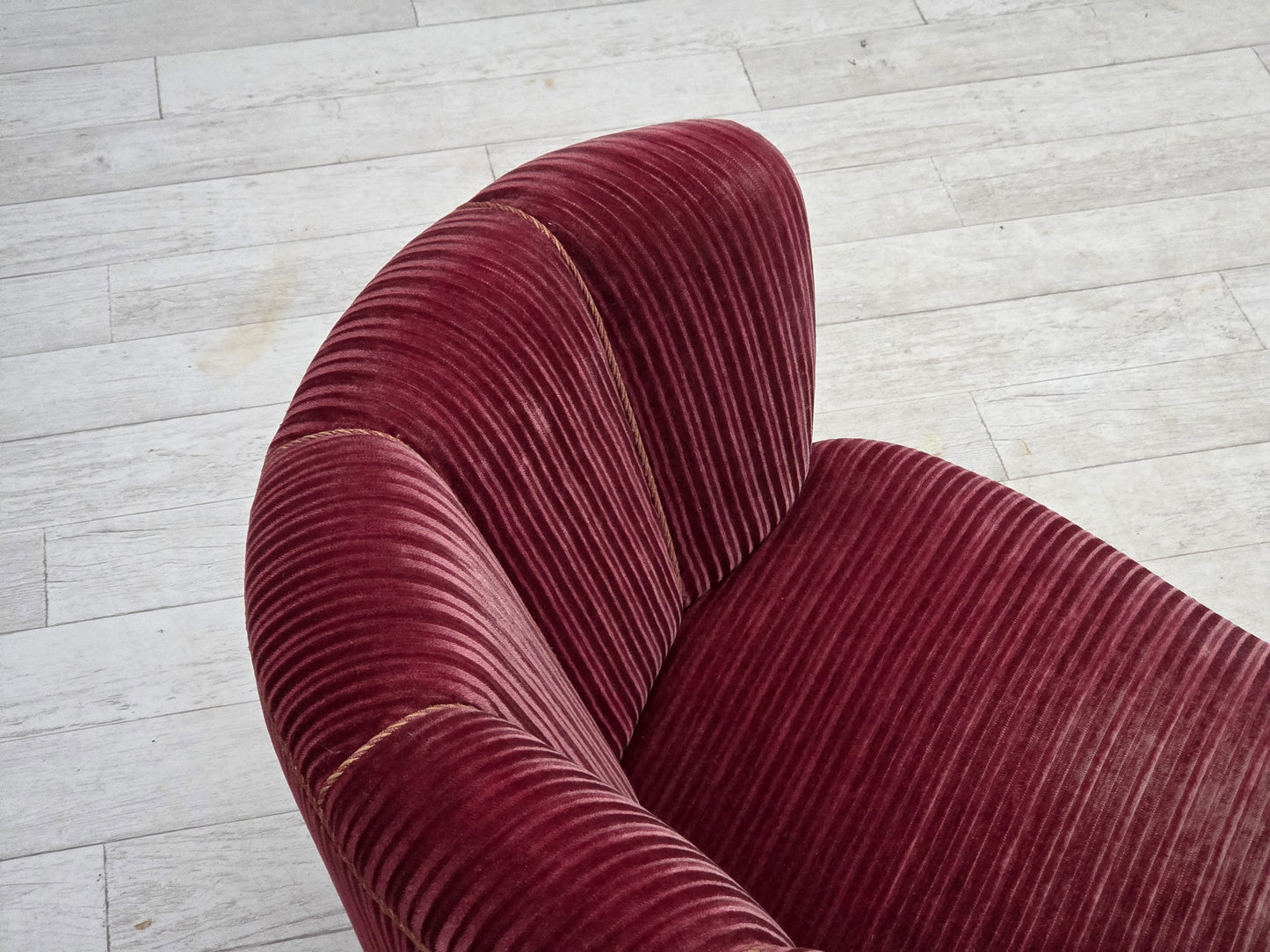 1960s, Danish 2-seater "Banana" sofa, red furniture velour, oak wood.