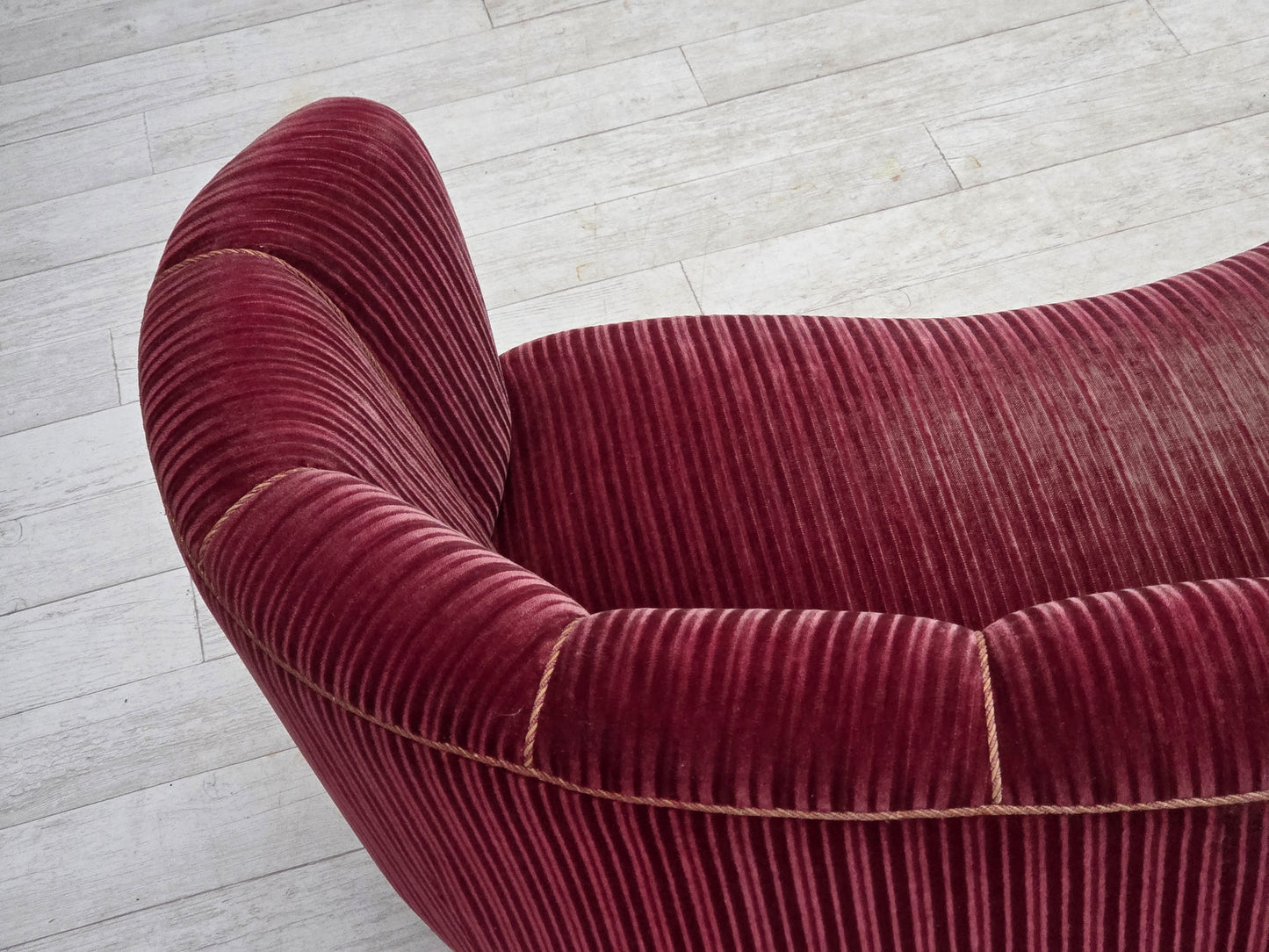 1960s, Danish 2-seater "Banana" sofa, red furniture velour, oak wood.