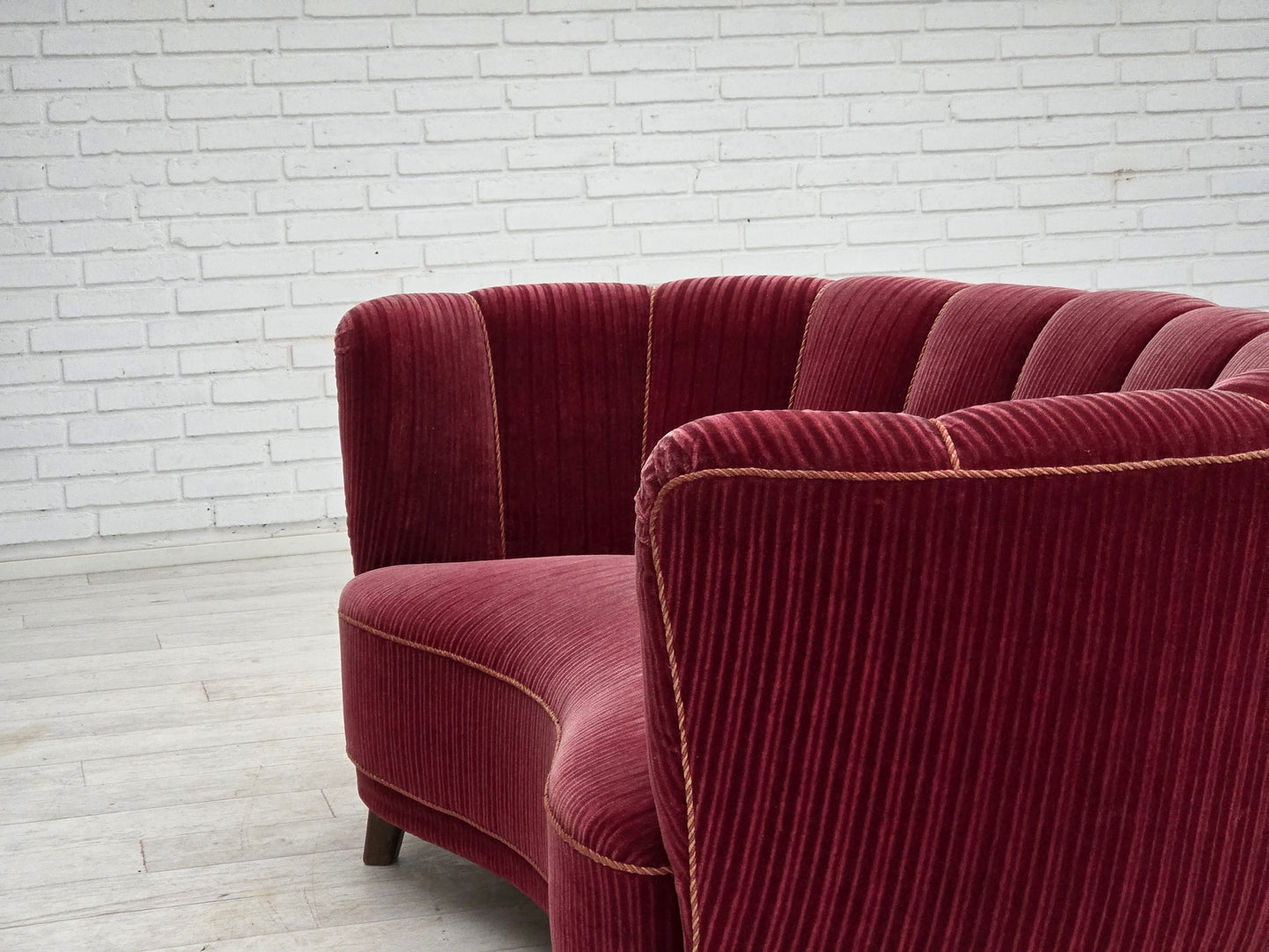 1960s, Danish 2-seater "Banana" sofa, red furniture velour, oak wood.