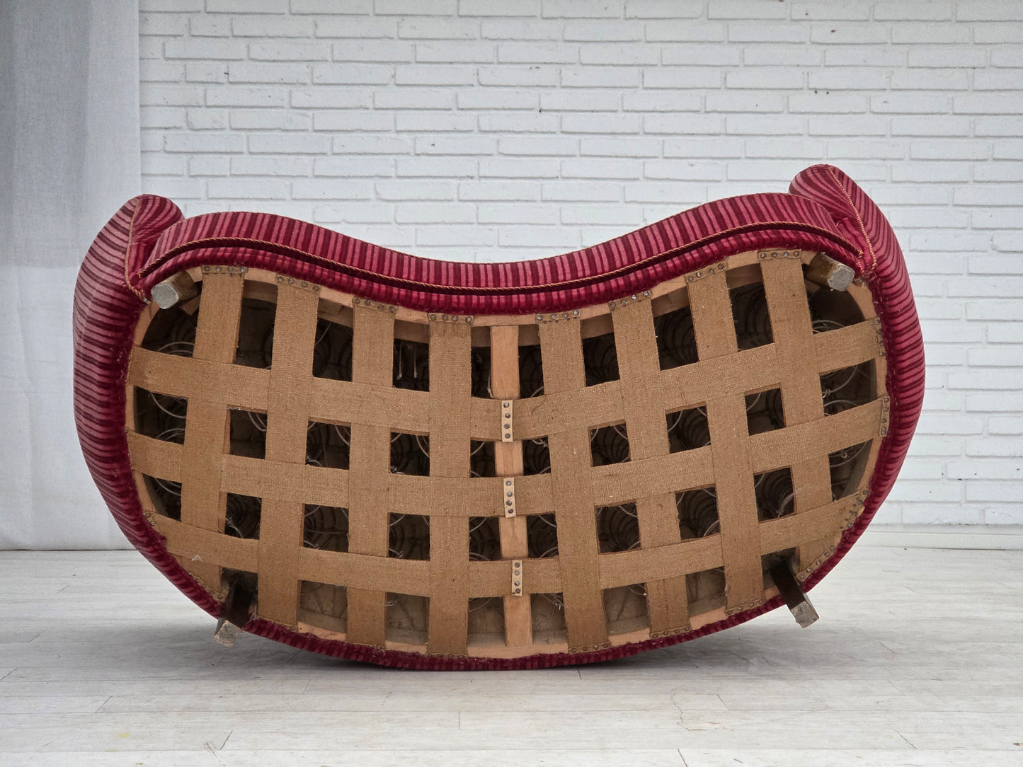 1960s, Danish 2-seater "Banana" sofa, red furniture velour, oak wood.