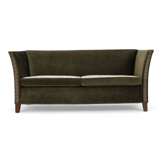 1970s, Danish 2-seater sofa, original green furniture velour, oak wood.