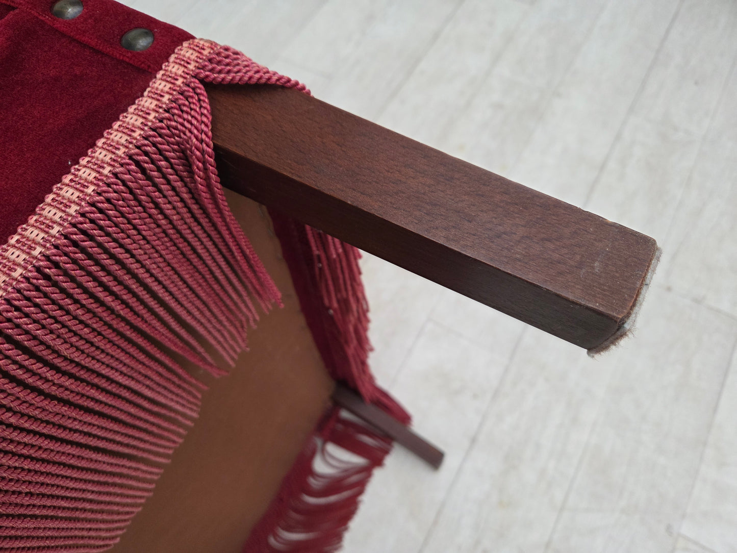 1970s, Danish 2-seater sofa, cherry-red furniture velour.
