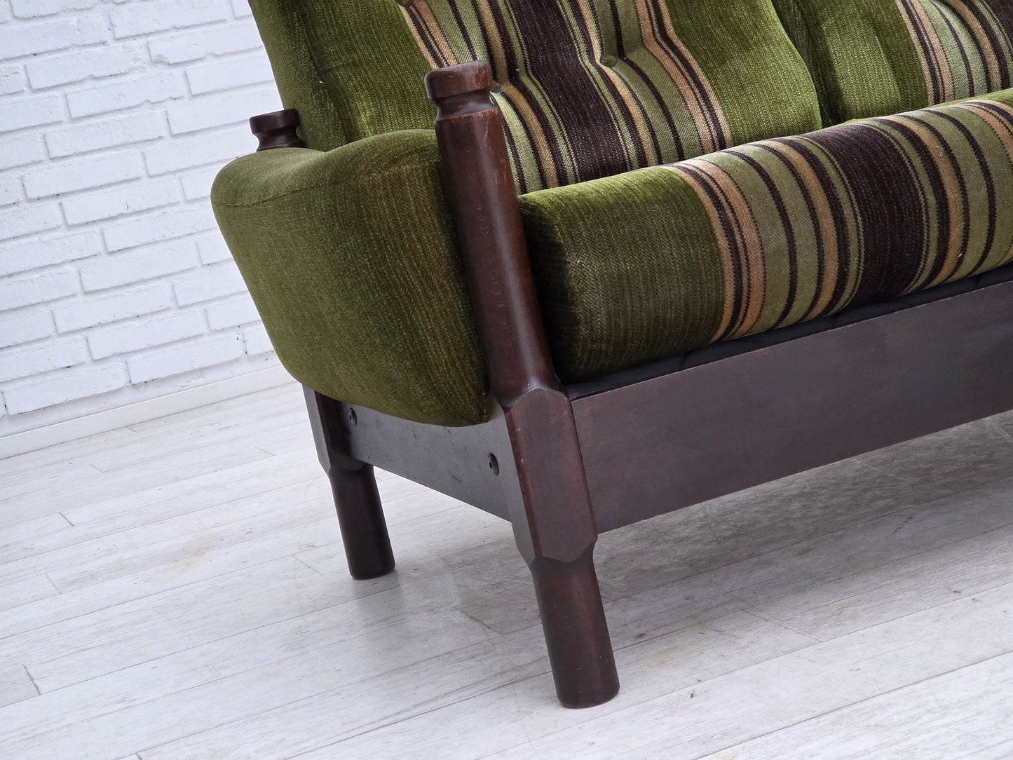 1970s, Scandinavian 2-seater sofa, green furniture velour, beech wood.