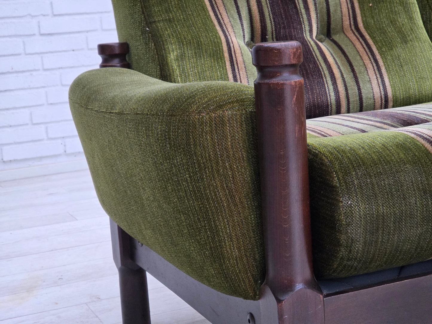 1970s, Scandinavian 2-seater sofa, green furniture velour, beech wood.