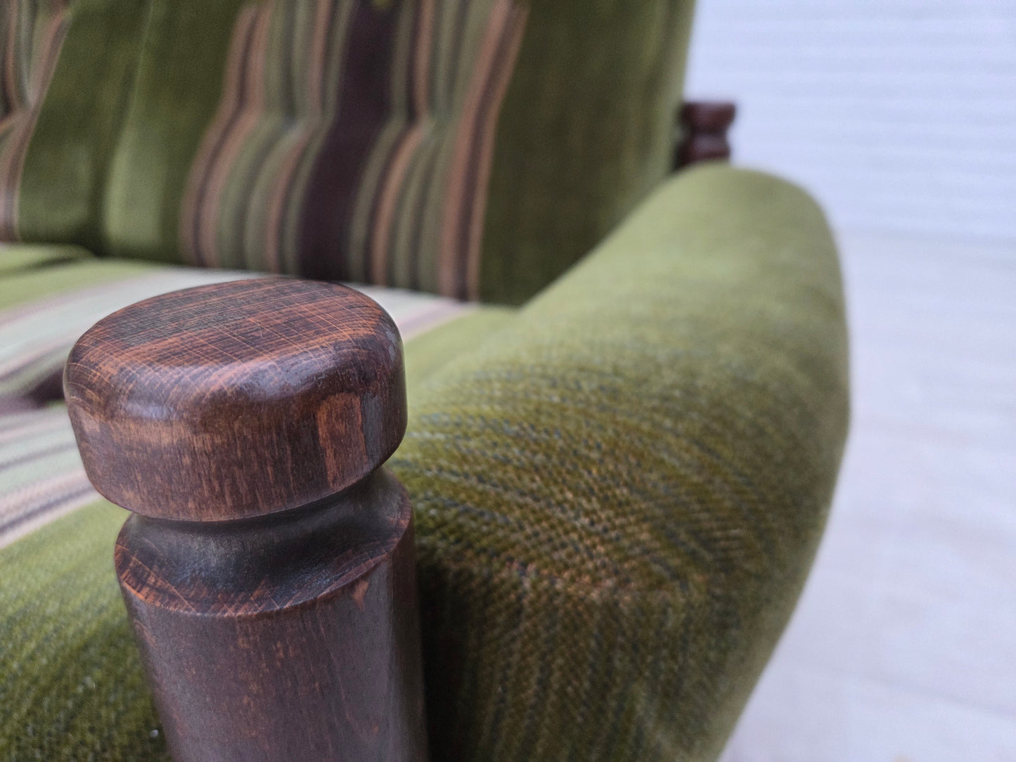 1970s, Scandinavian 2-seater sofa, green furniture velour, beech wood.