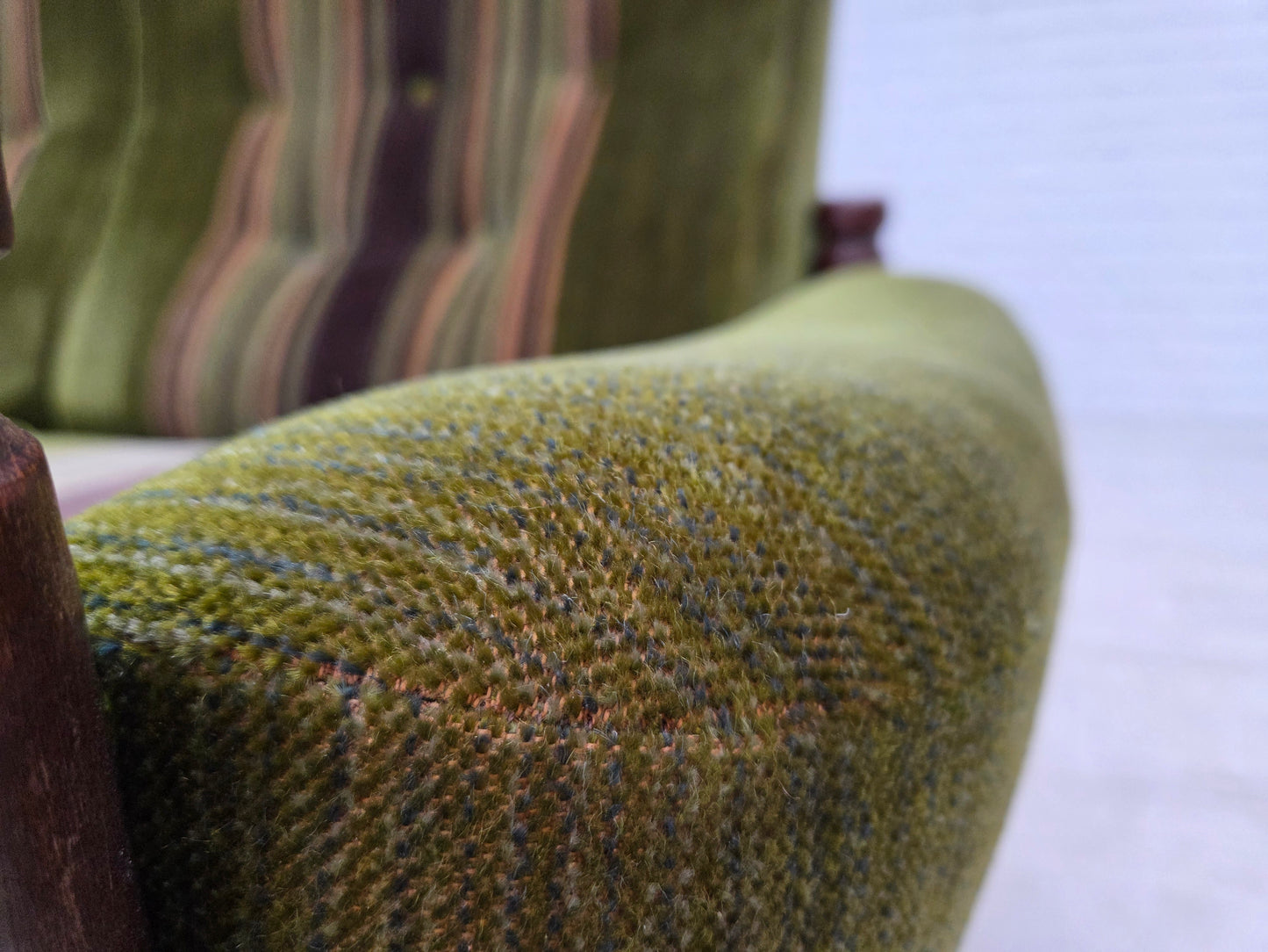 1970s, Scandinavian 2-seater sofa, green furniture velour, beech wood.