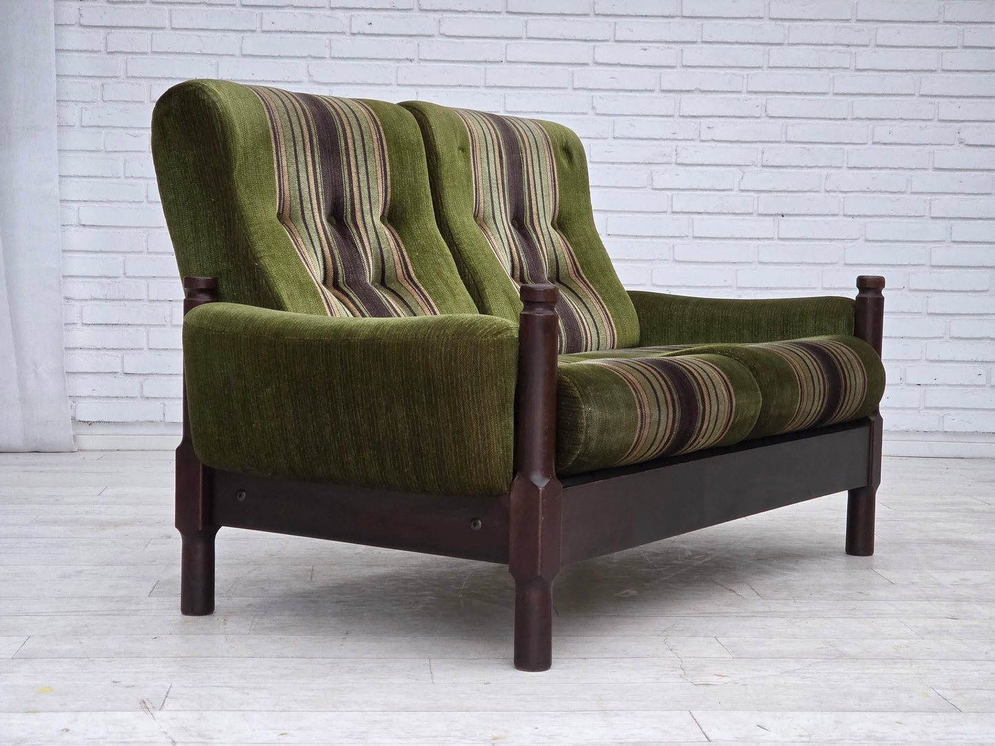 1970s, Scandinavian 2-seater sofa, green furniture velour, beech wood.