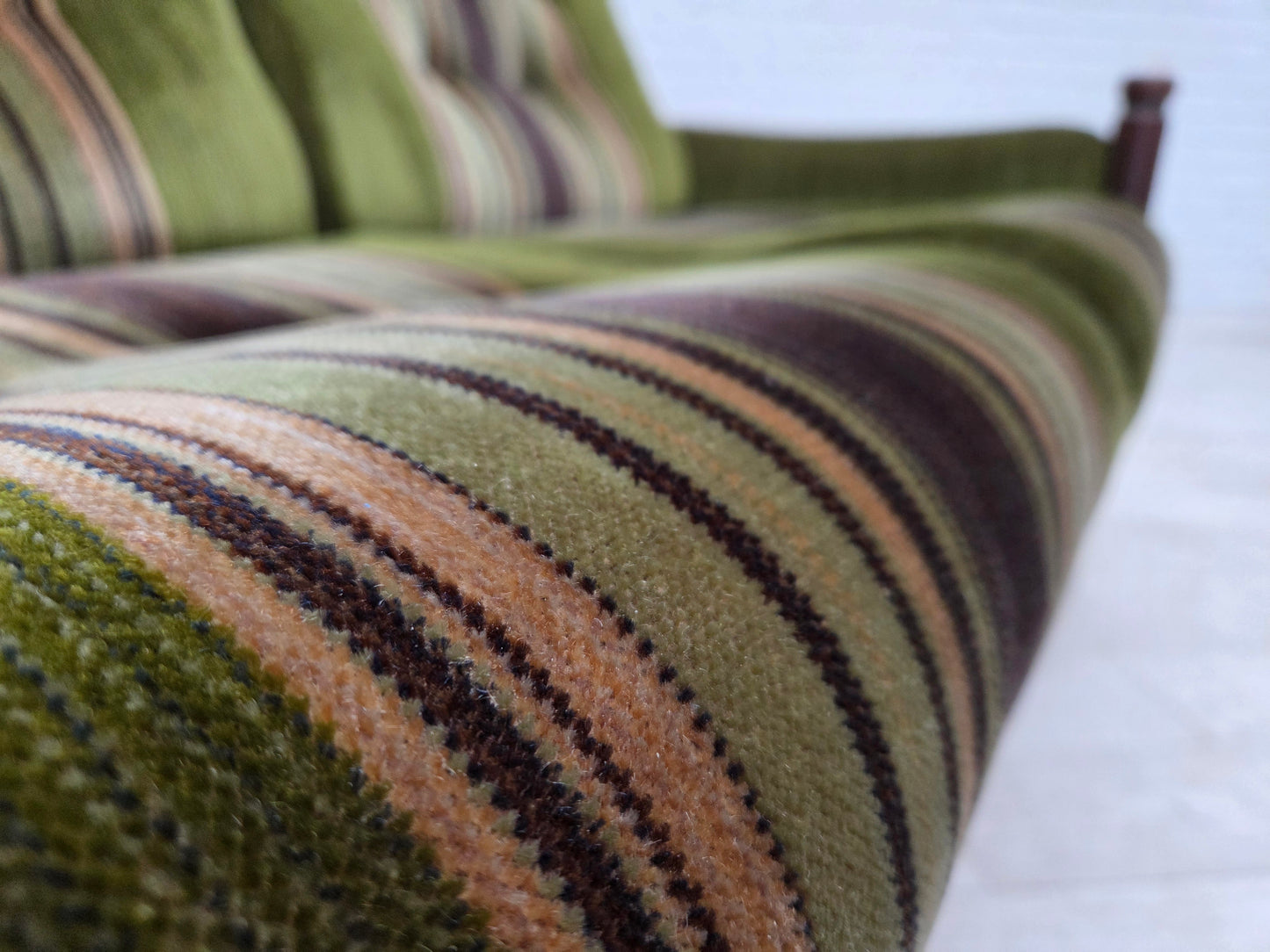 1970s, Scandinavian 2-seater sofa, green furniture velour, beech wood.