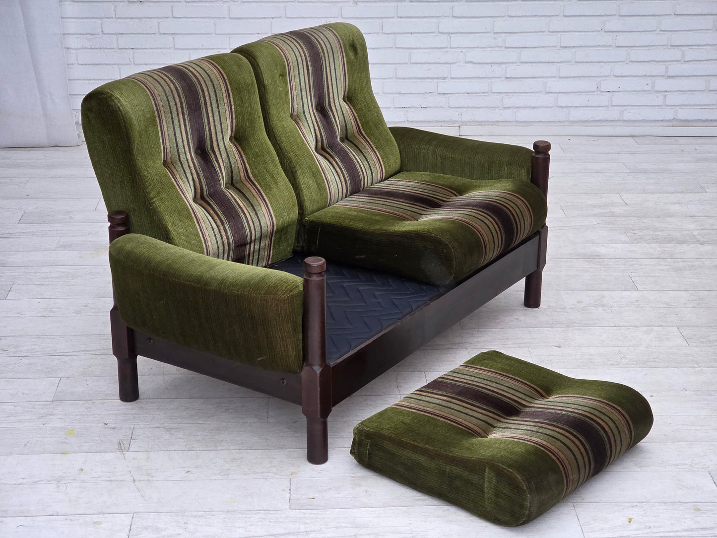 1970s, Scandinavian 2-seater sofa, green furniture velour, beech wood.