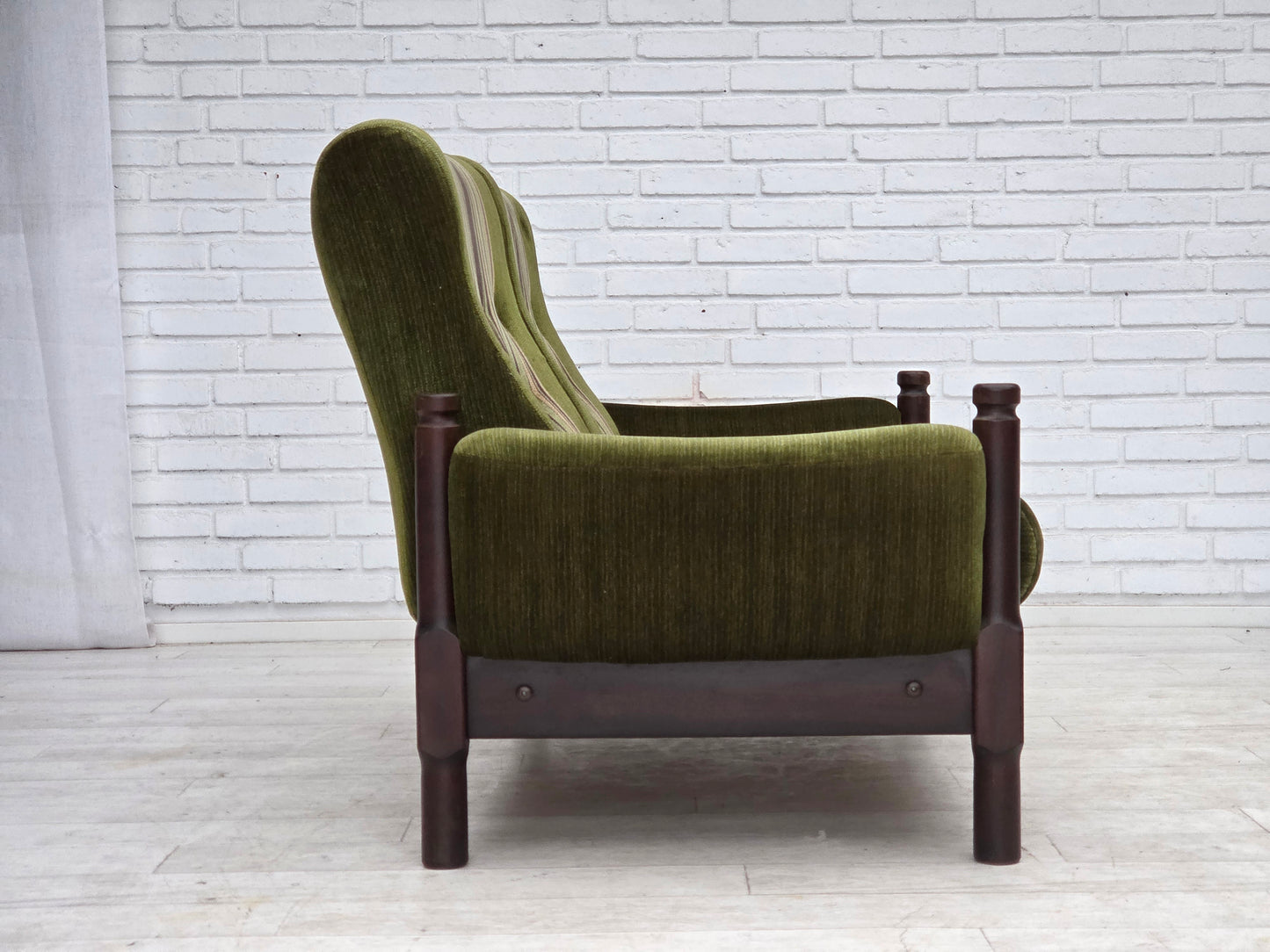1970s, Scandinavian 2-seater sofa, green furniture velour, beech wood.