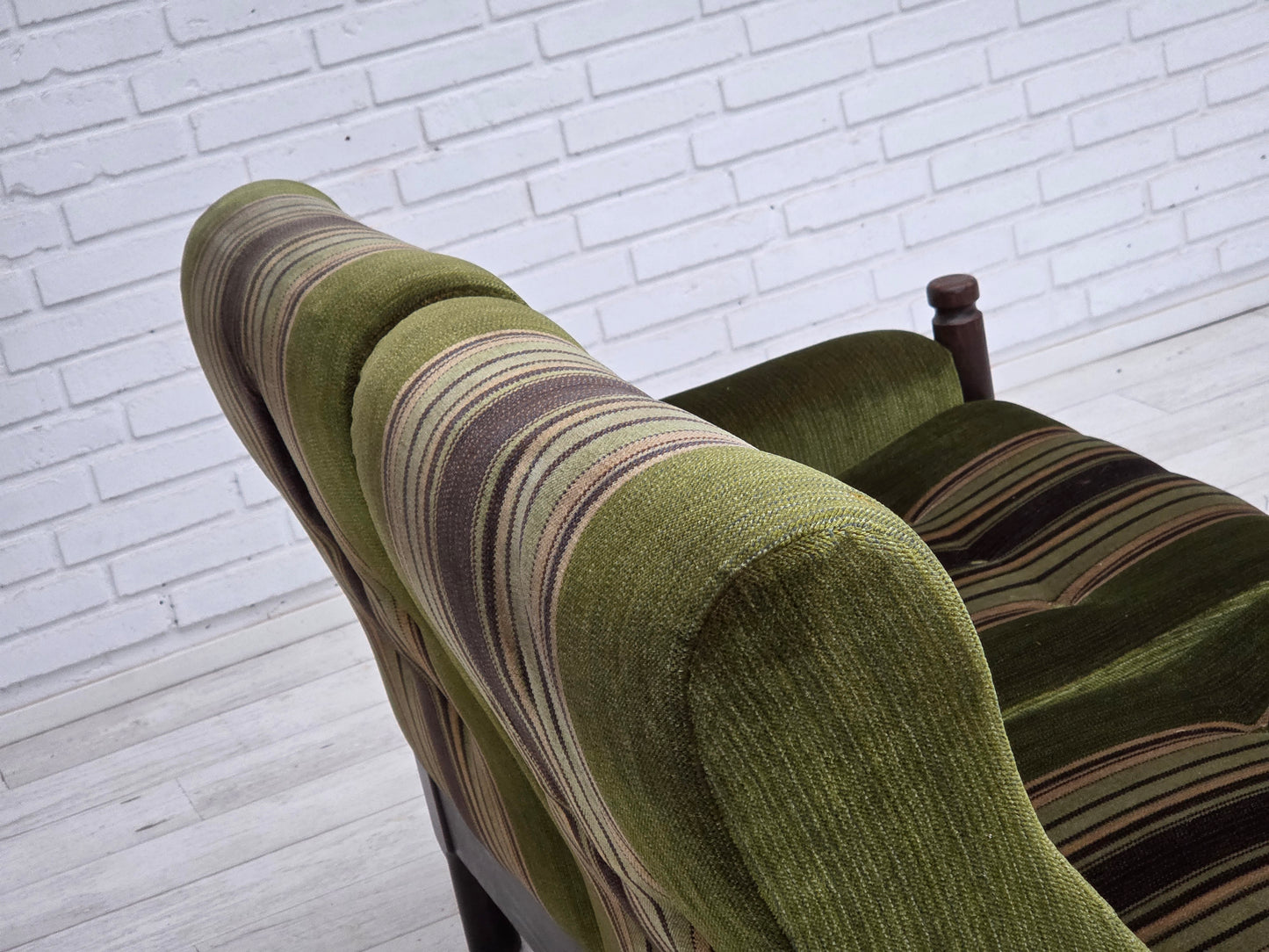 1970s, Scandinavian 2-seater sofa, green furniture velour, beech wood.