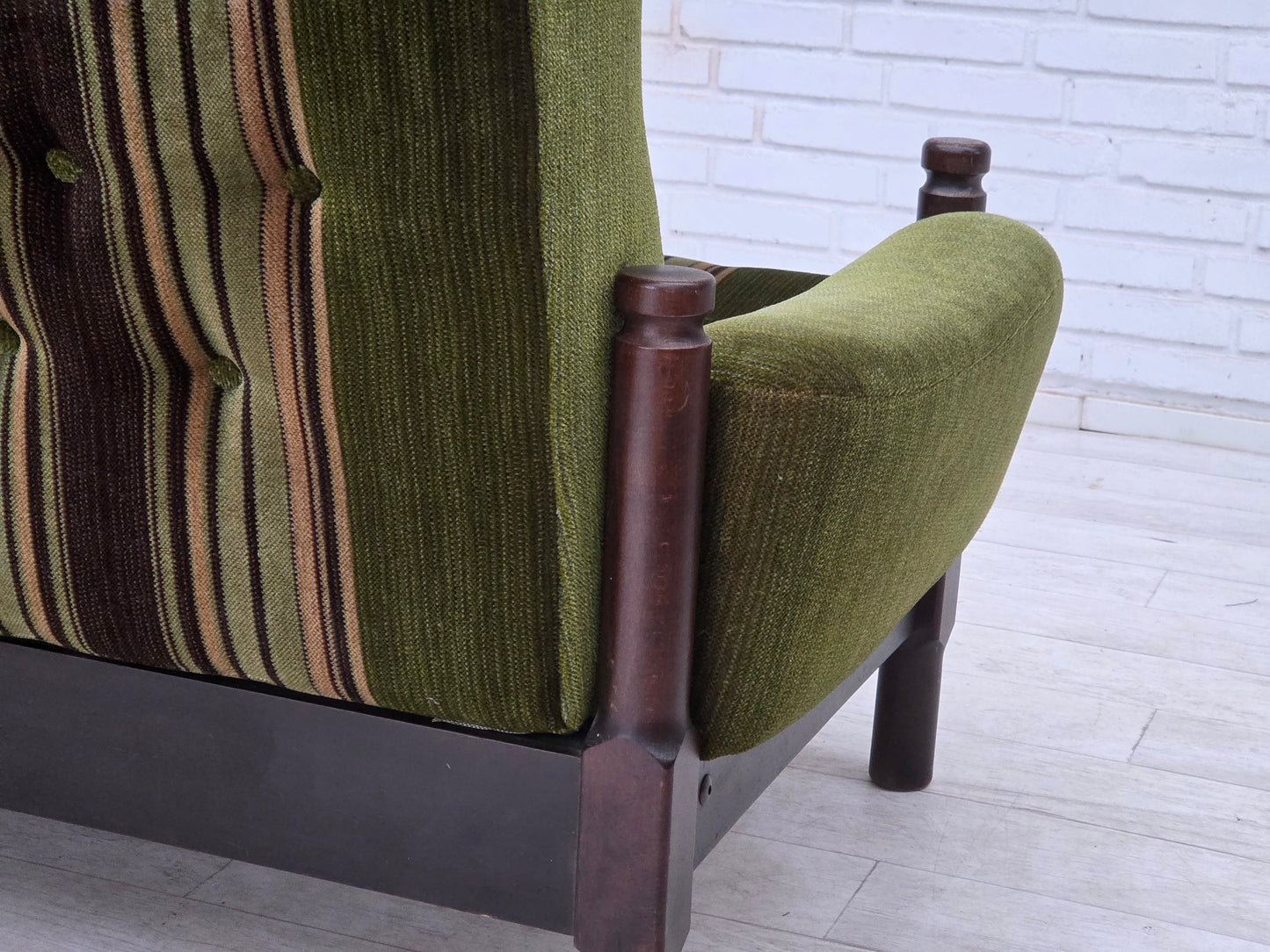 1970s, Scandinavian 2-seater sofa, green furniture velour, beech wood.