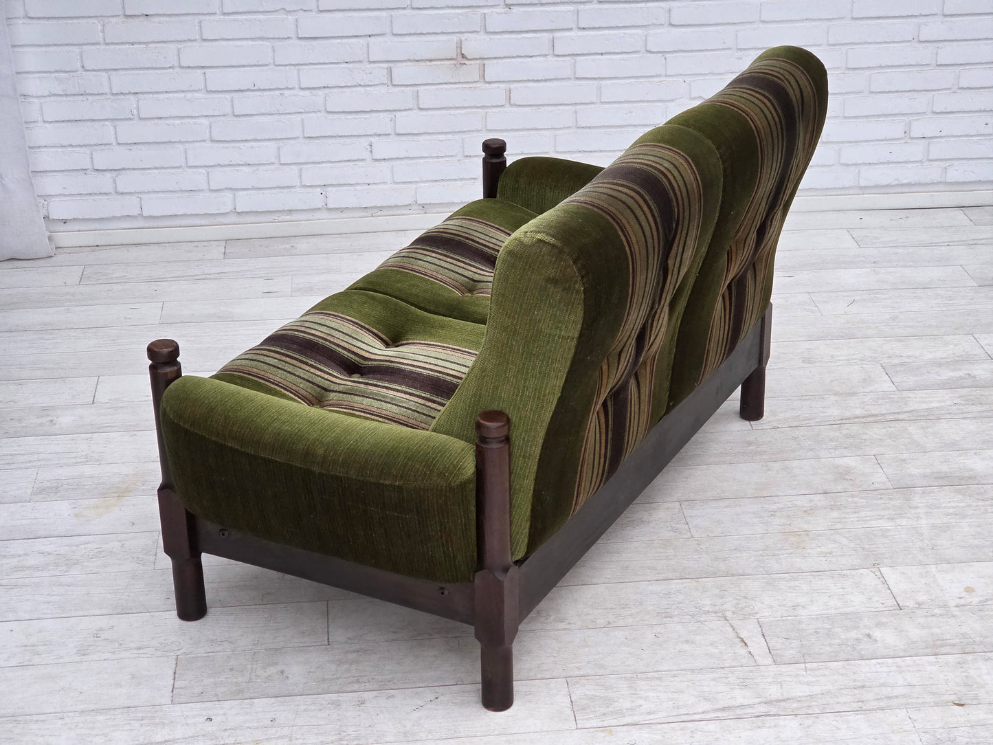 1970s, Scandinavian 2-seater sofa, green furniture velour, beech wood.