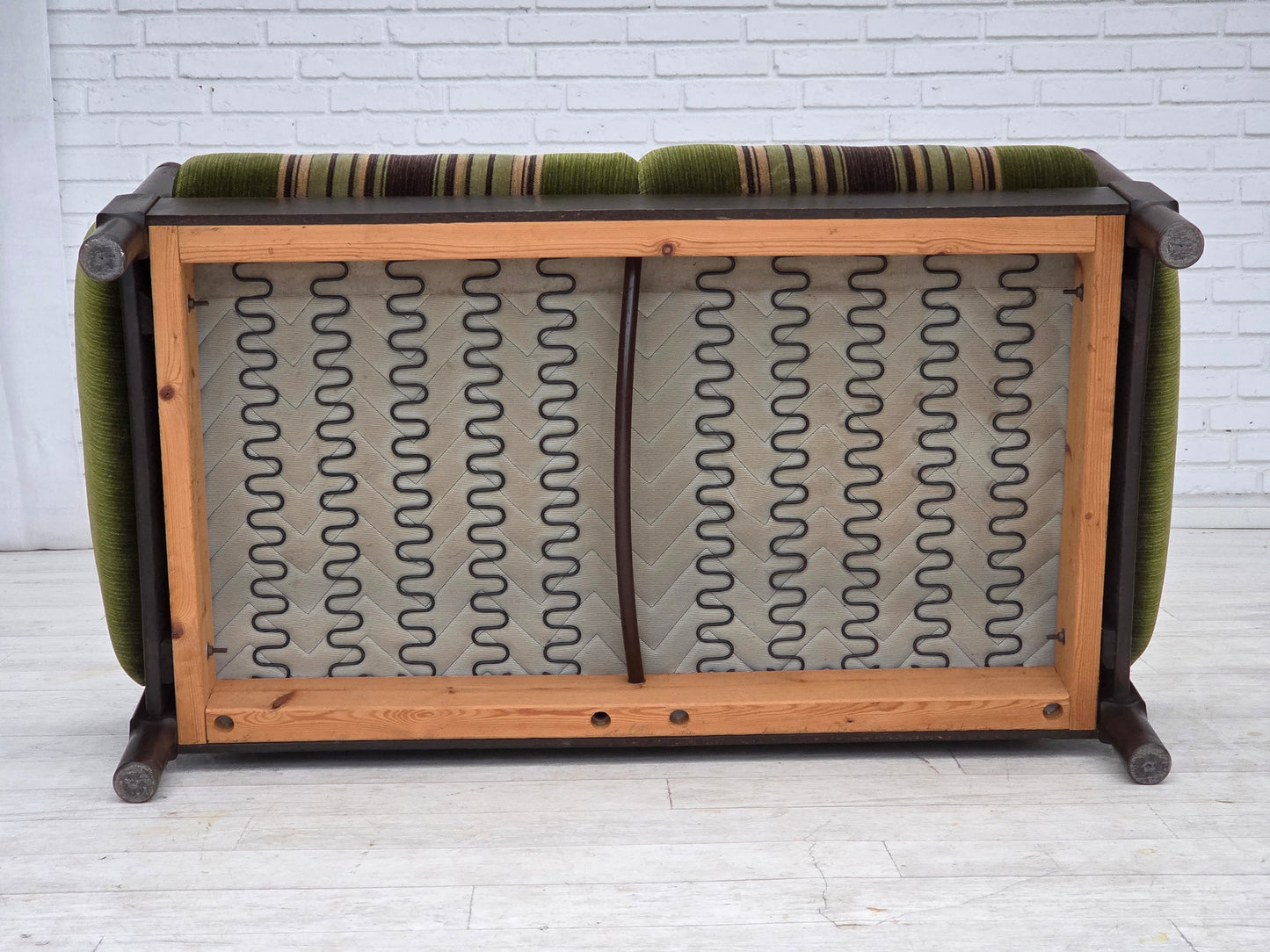 1970s, Scandinavian 2-seater sofa, green furniture velour, beech wood.