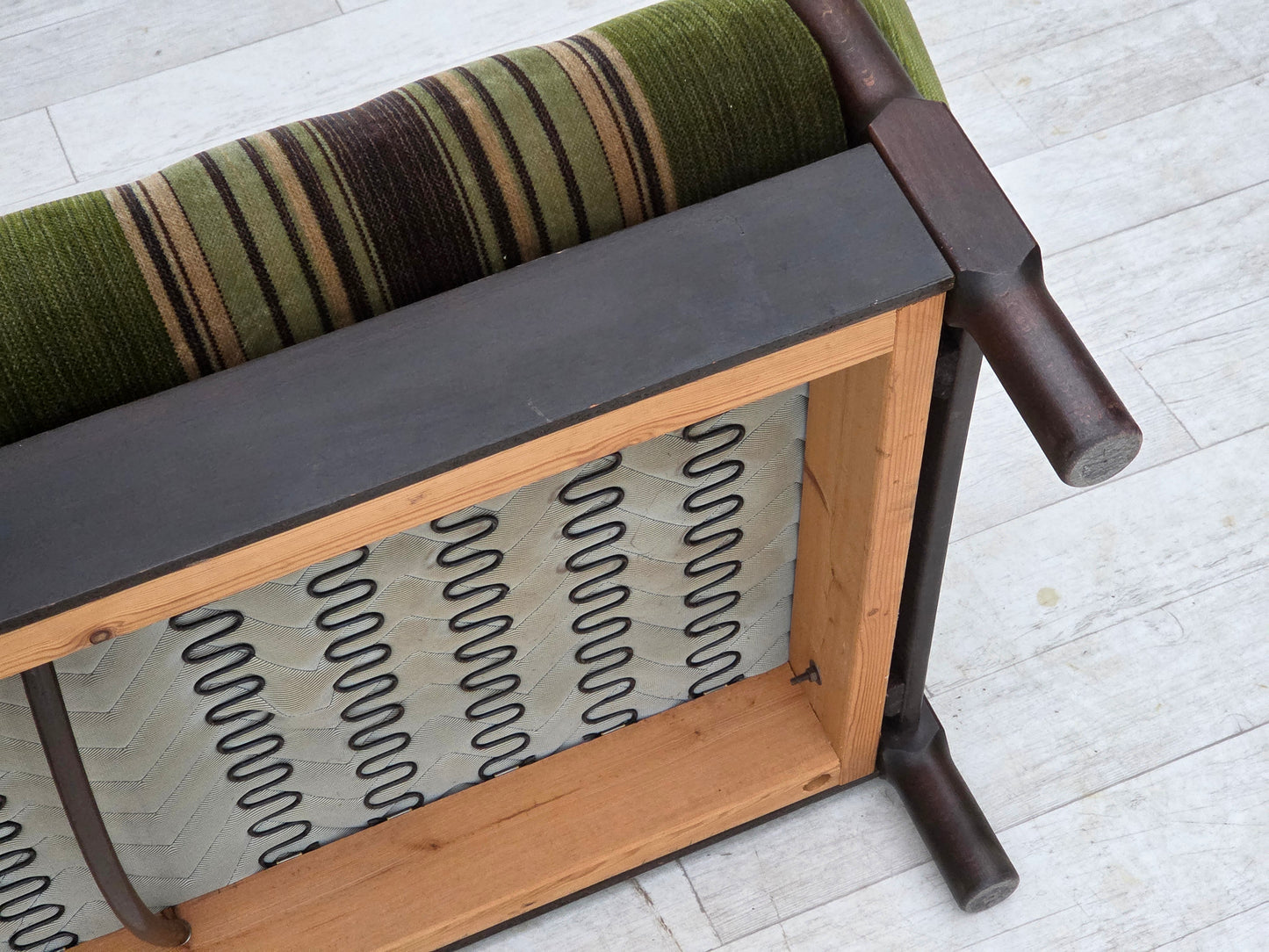 1970s, Scandinavian 2-seater sofa, green furniture velour, beech wood.