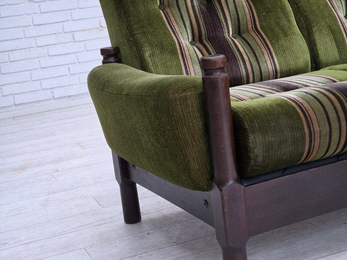 1970s, Scandinavian 2-seater sofa, green furniture velour, beech wood.