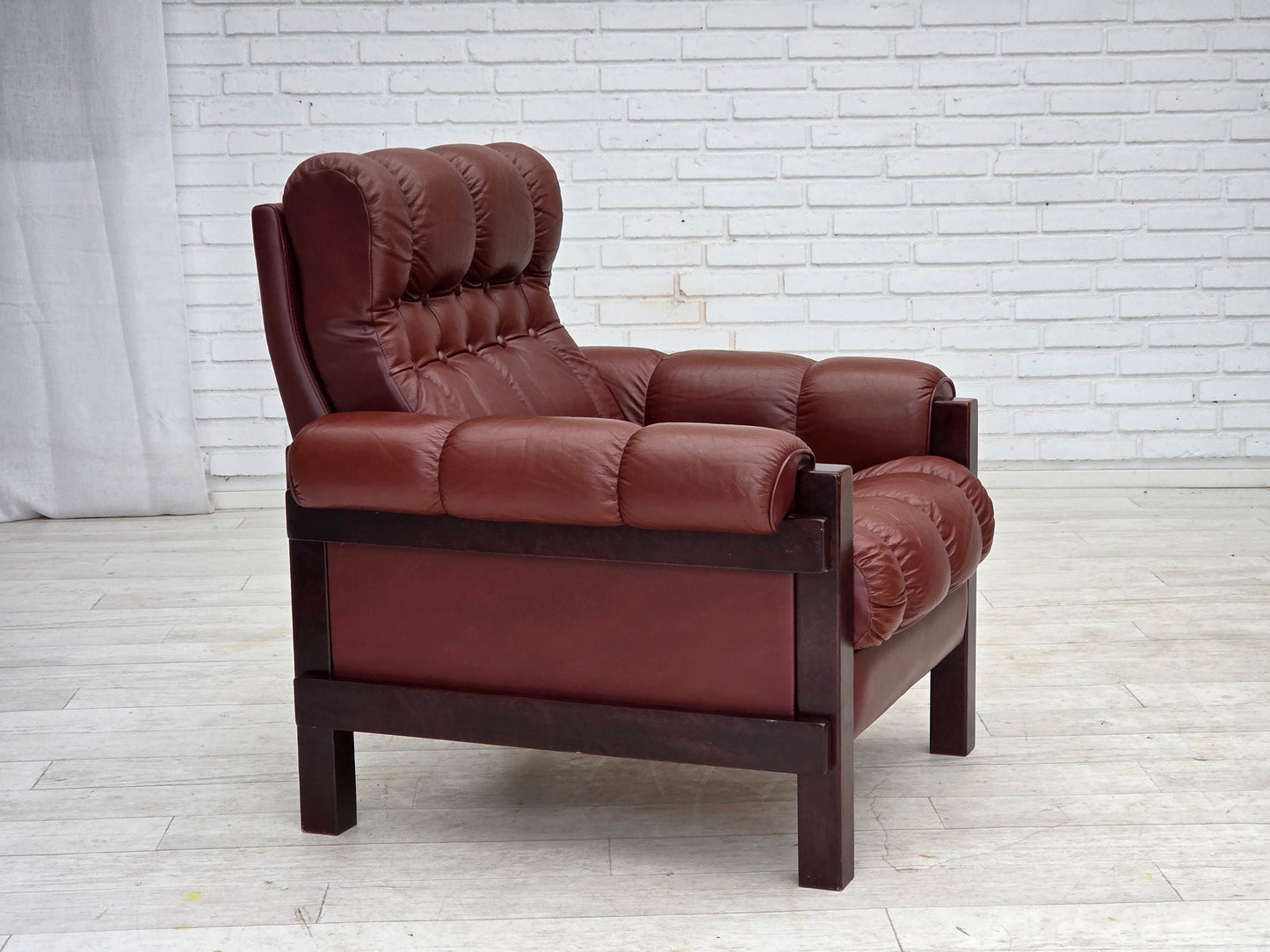1970s, Scandinavian armchair, furniture leather, dark beech wood.