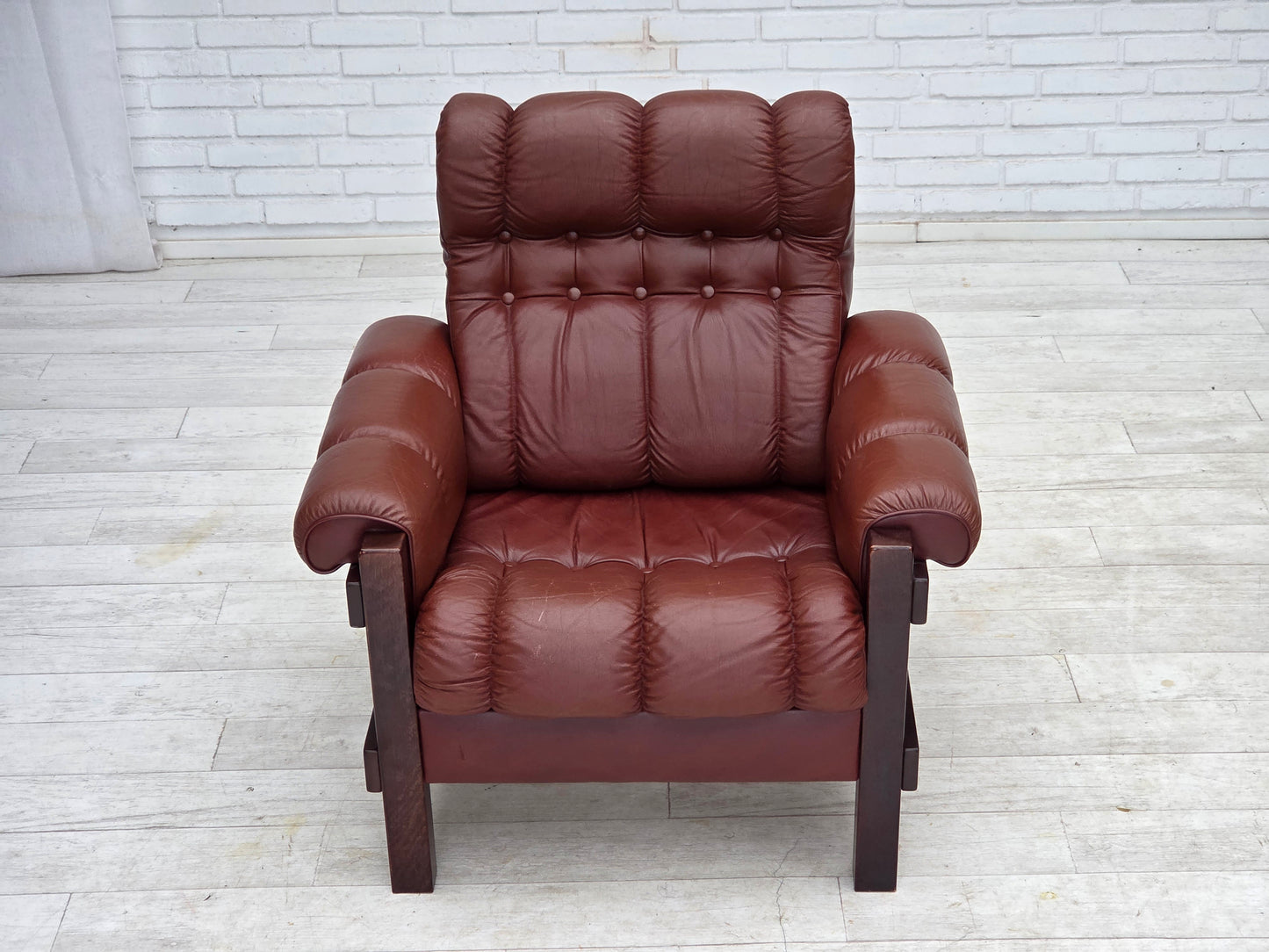 1970s, Scandinavian armchair, furniture leather, dark beech wood.