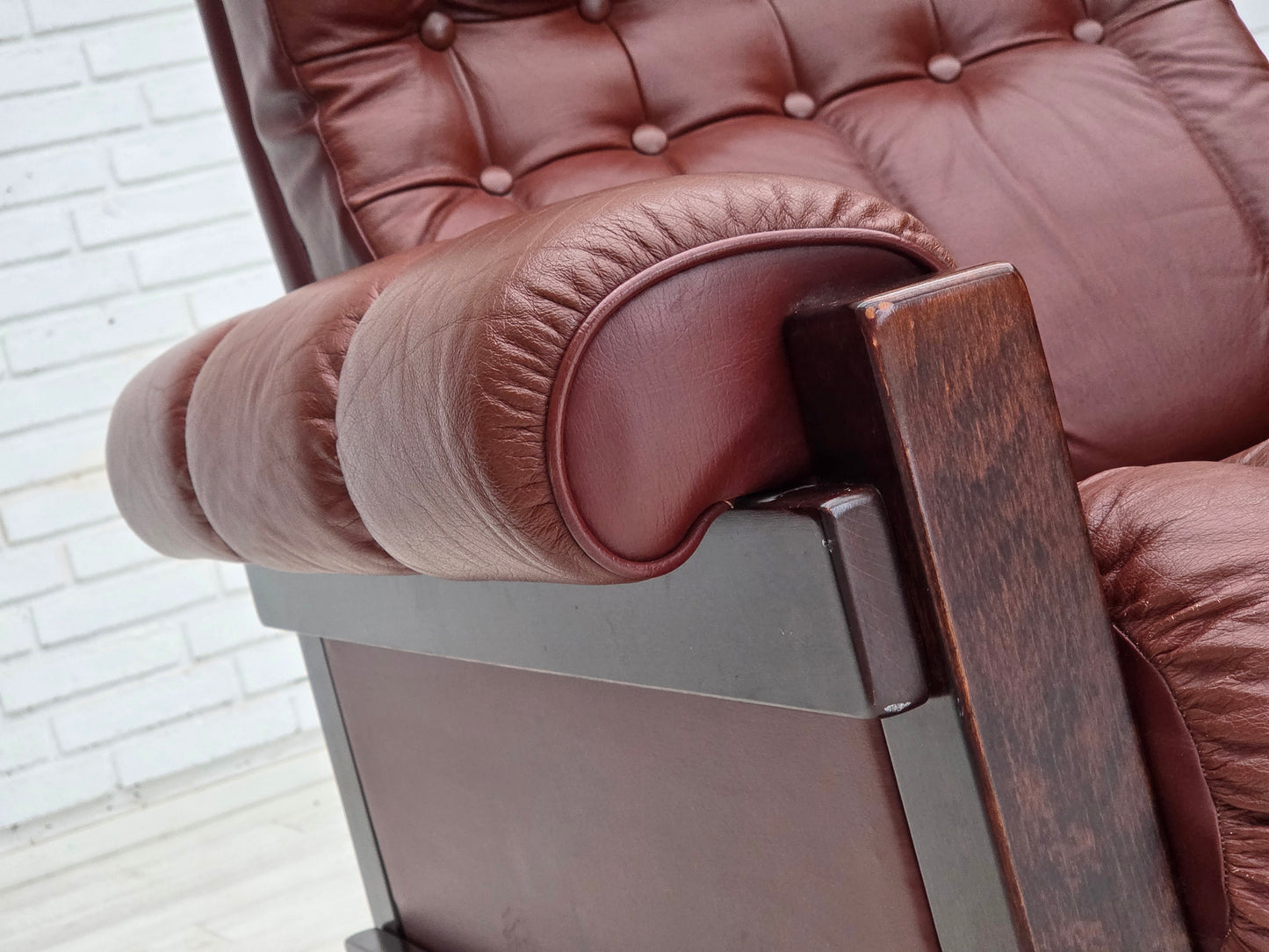 1970s, Scandinavian armchair, furniture leather, dark beech wood.