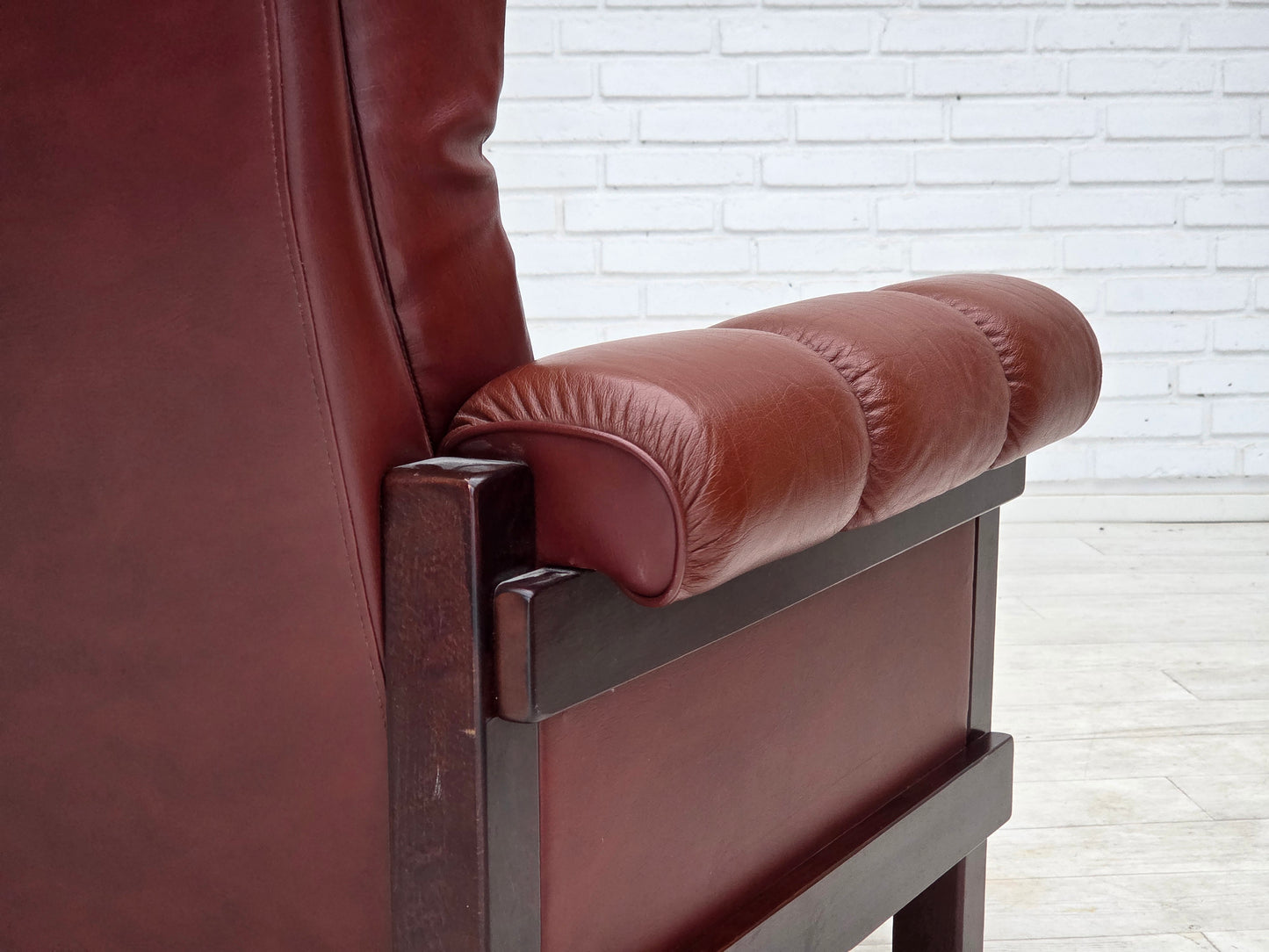 1970s, Scandinavian armchair, furniture leather, dark beech wood.