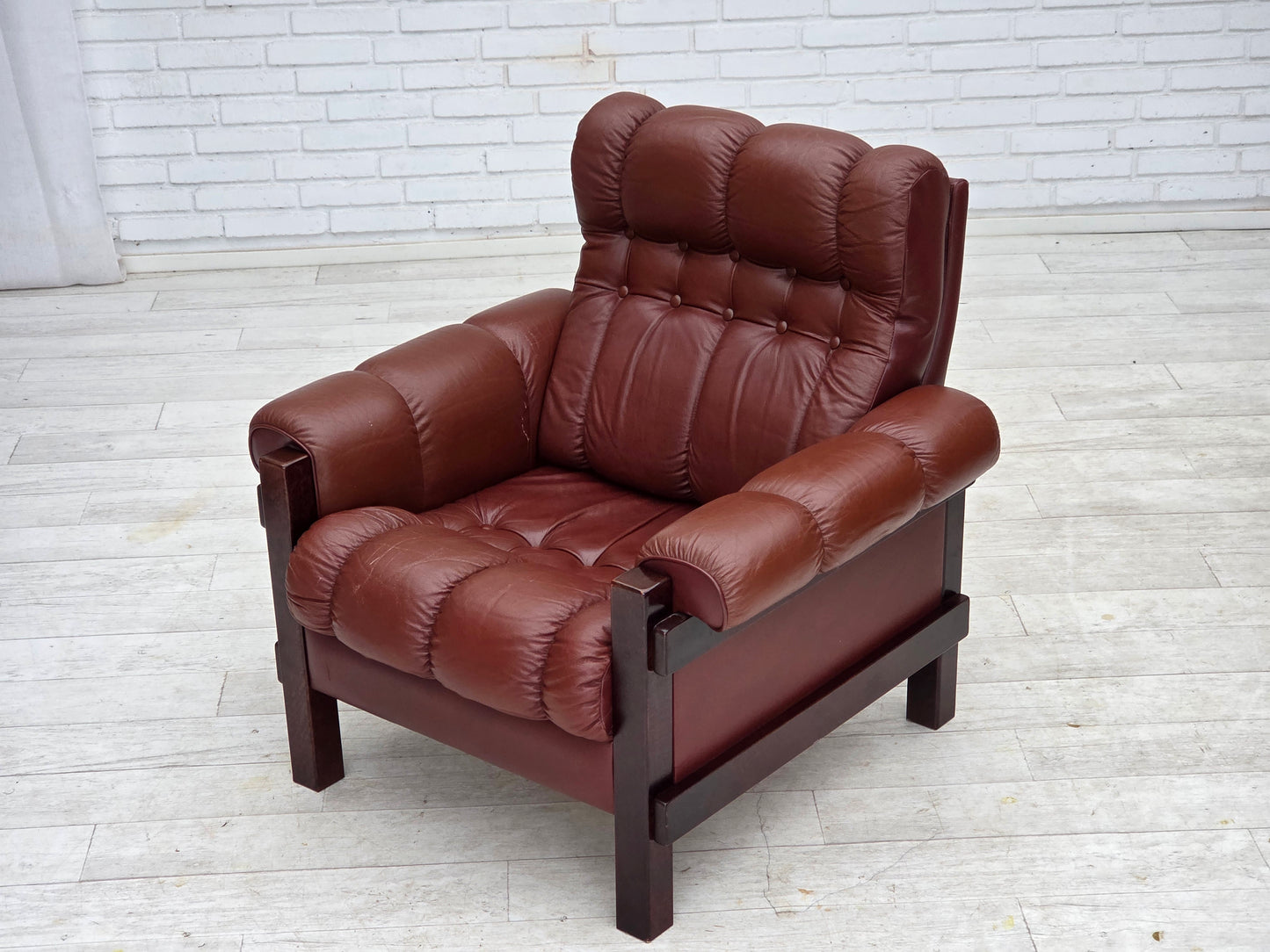 1970s, Scandinavian armchair, furniture leather, dark beech wood.
