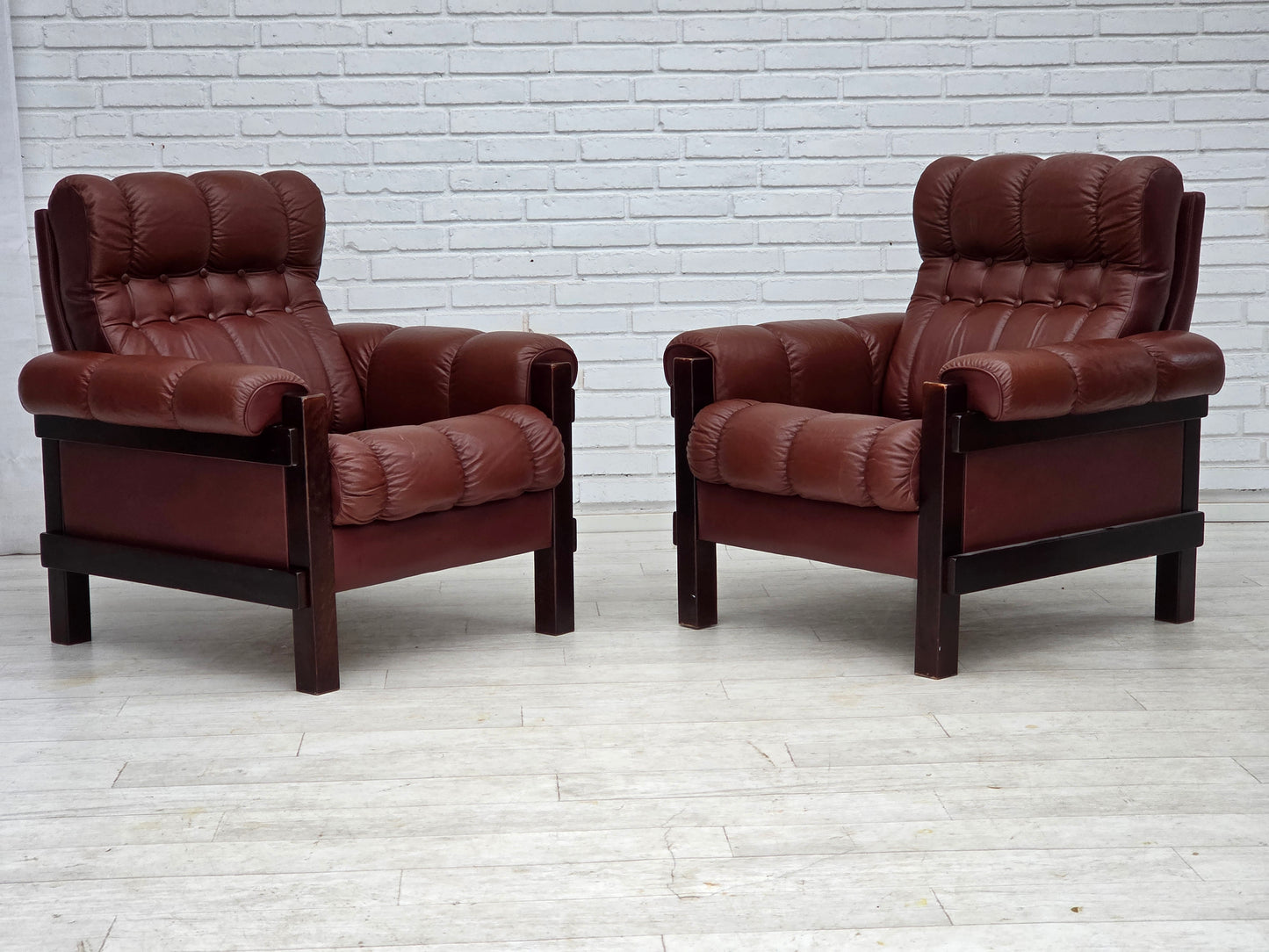 1970s, Scandinavian armchair, furniture leather, dark beech wood.