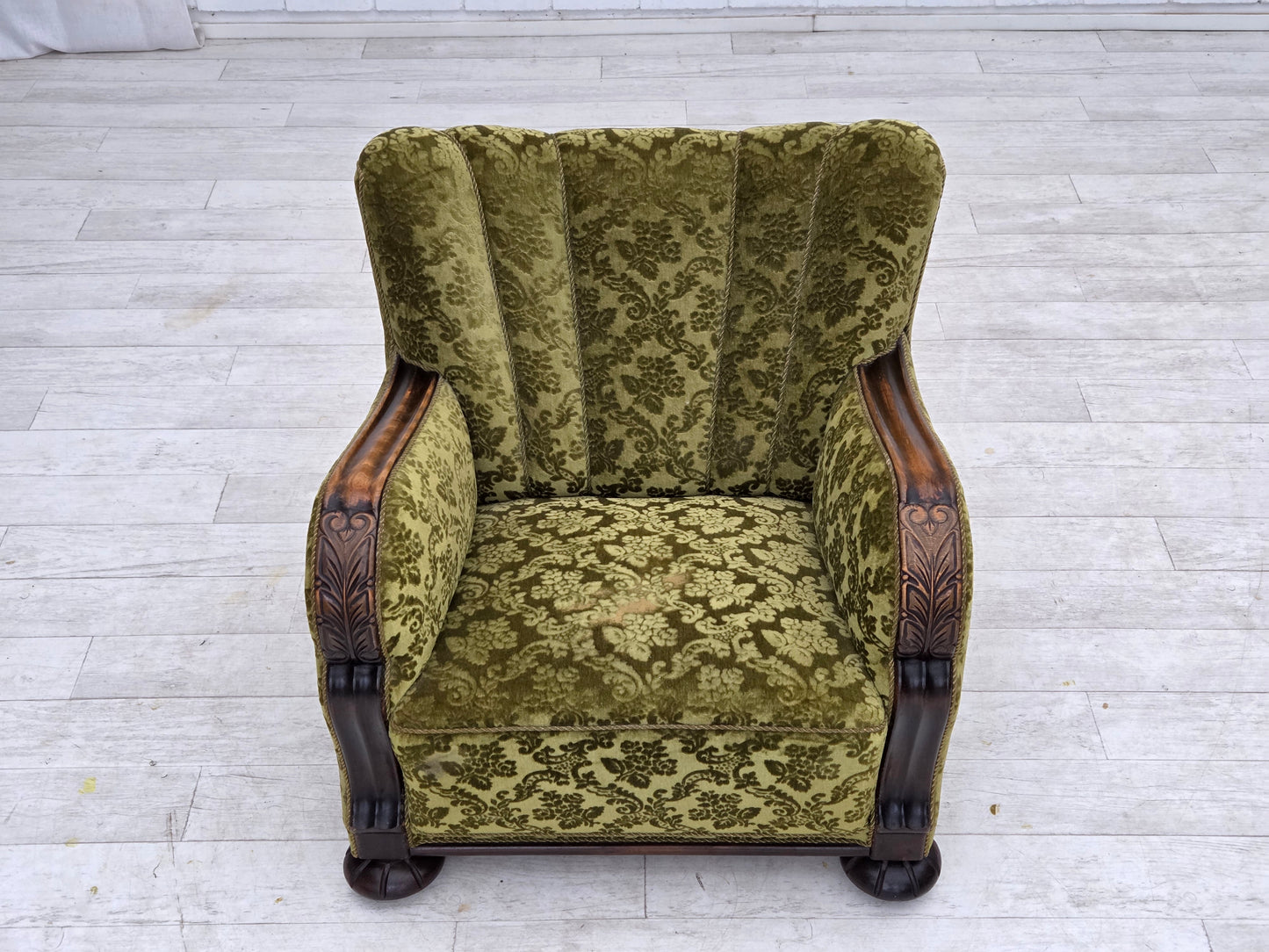 1950s, Danish relax chair, furniture velour, oak wood.