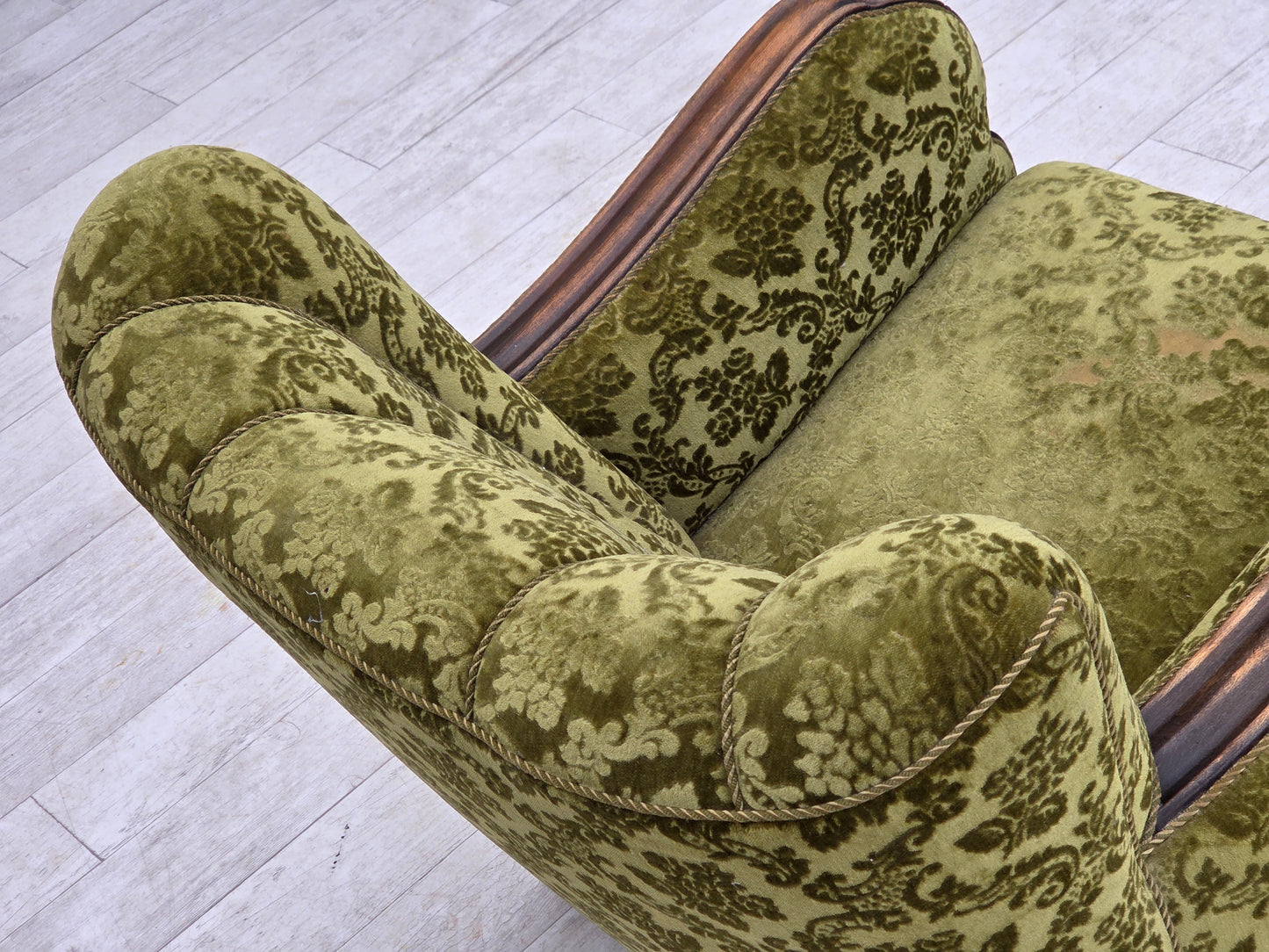1950s, Danish relax chair, furniture velour, oak wood.