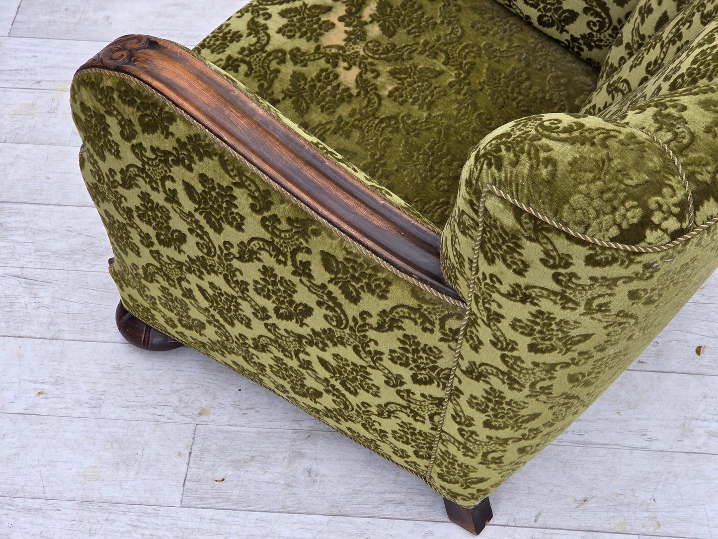 1950s, Danish relax chair, furniture velour, oak wood.