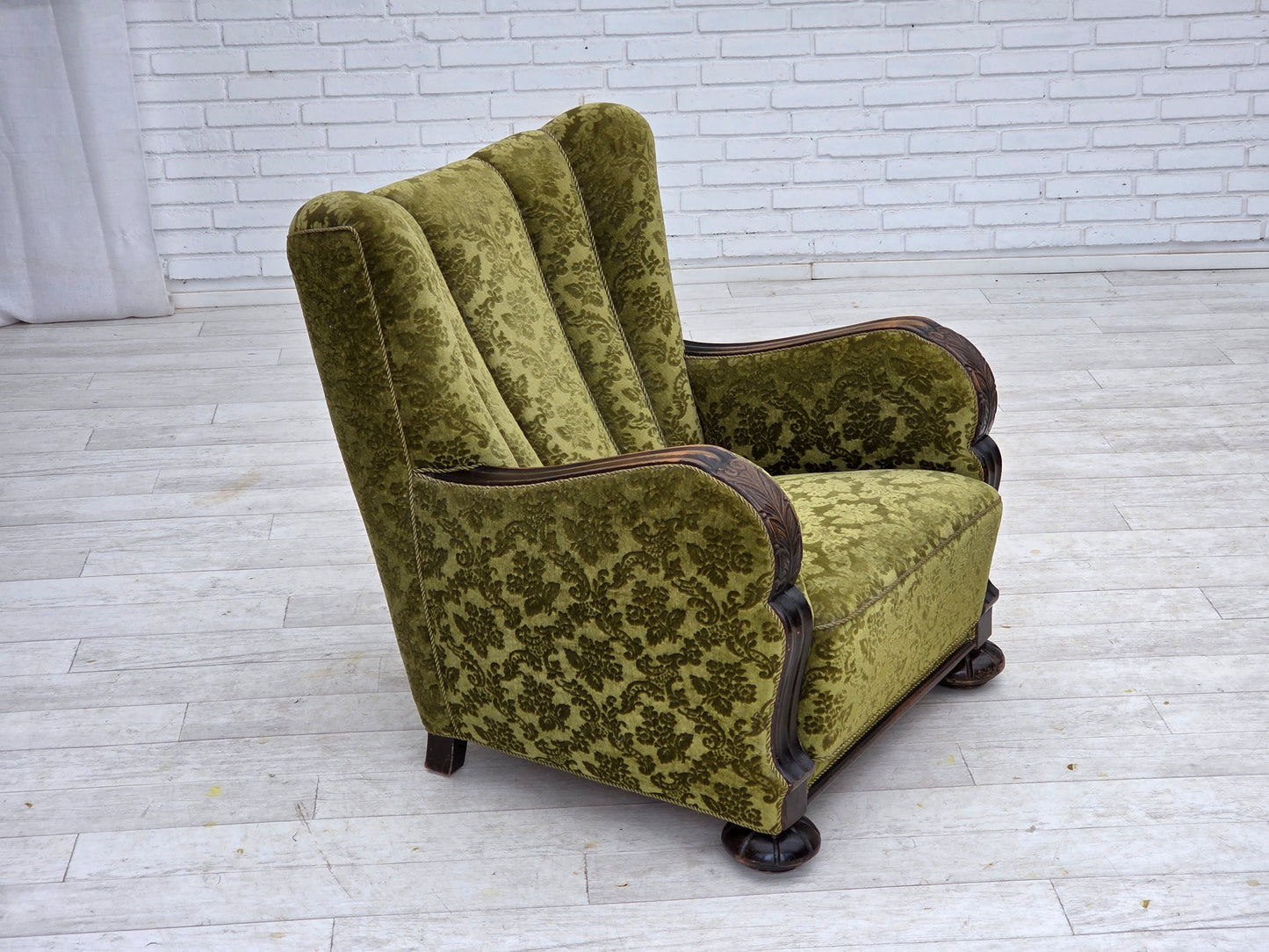 1950s, Danish relax chair, furniture velour, oak wood.