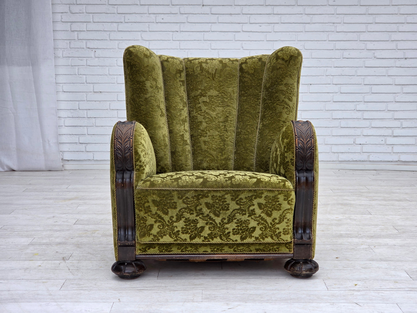 1950s, Danish relax chair, furniture velour, oak wood.
