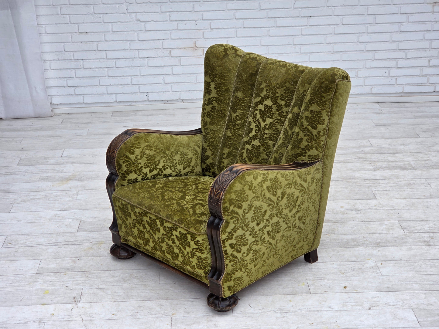 1950s, Danish relax chair, furniture velour, oak wood.
