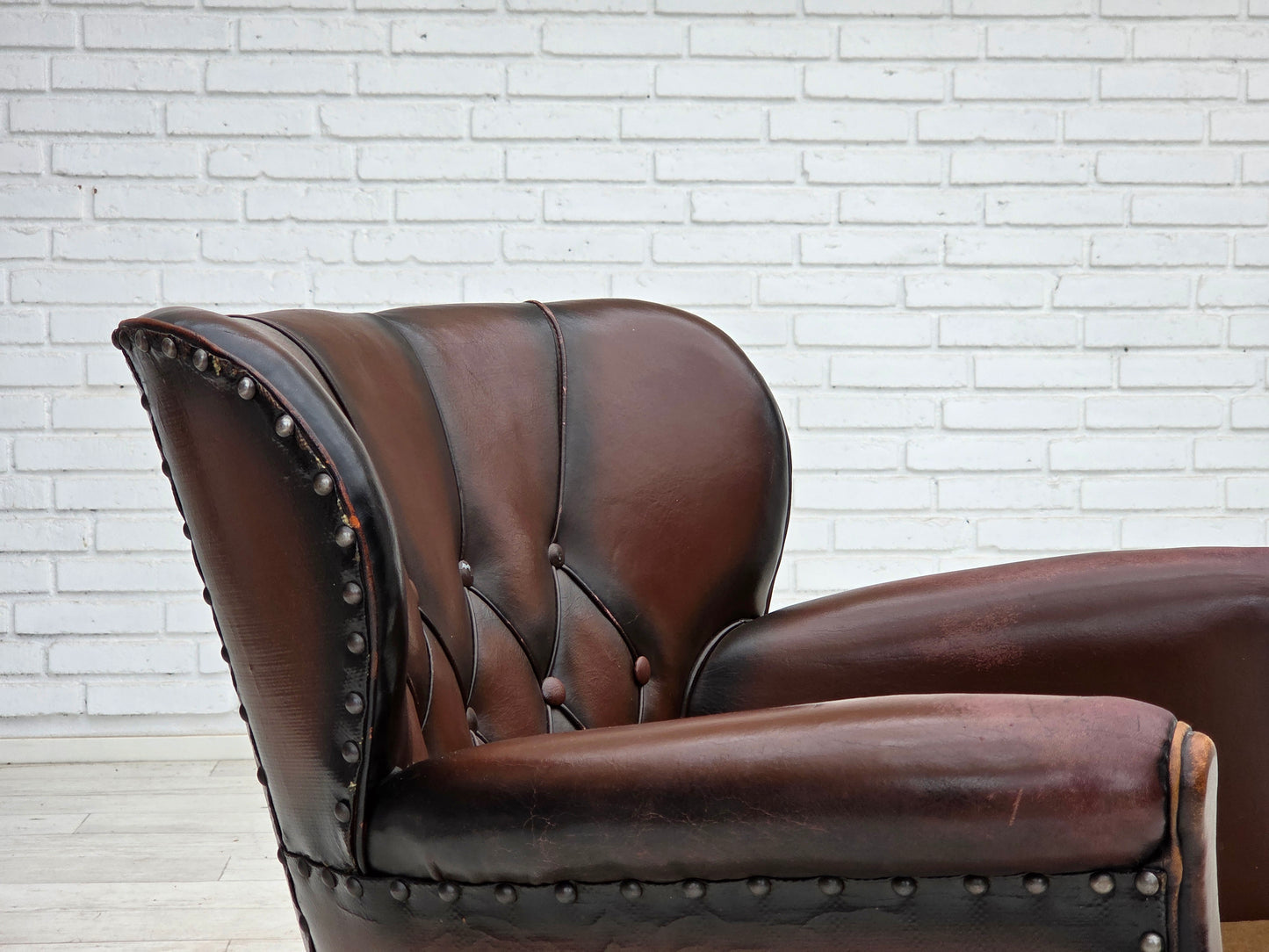1930s, Danish armchair, brown furniture leather, velour.