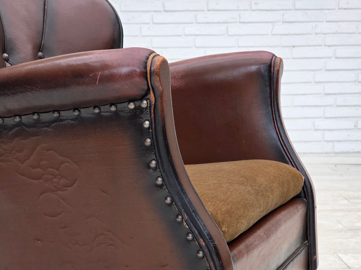1930s, Danish armchair, brown furniture leather, velour.