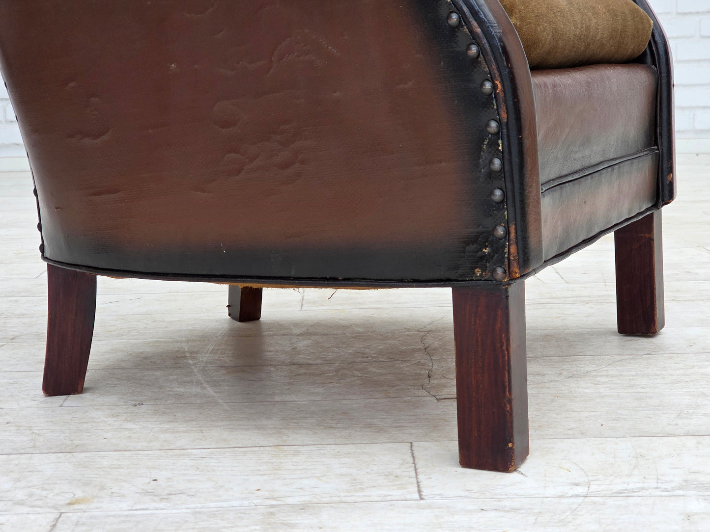 1930s, Danish armchair, brown furniture leather, velour.