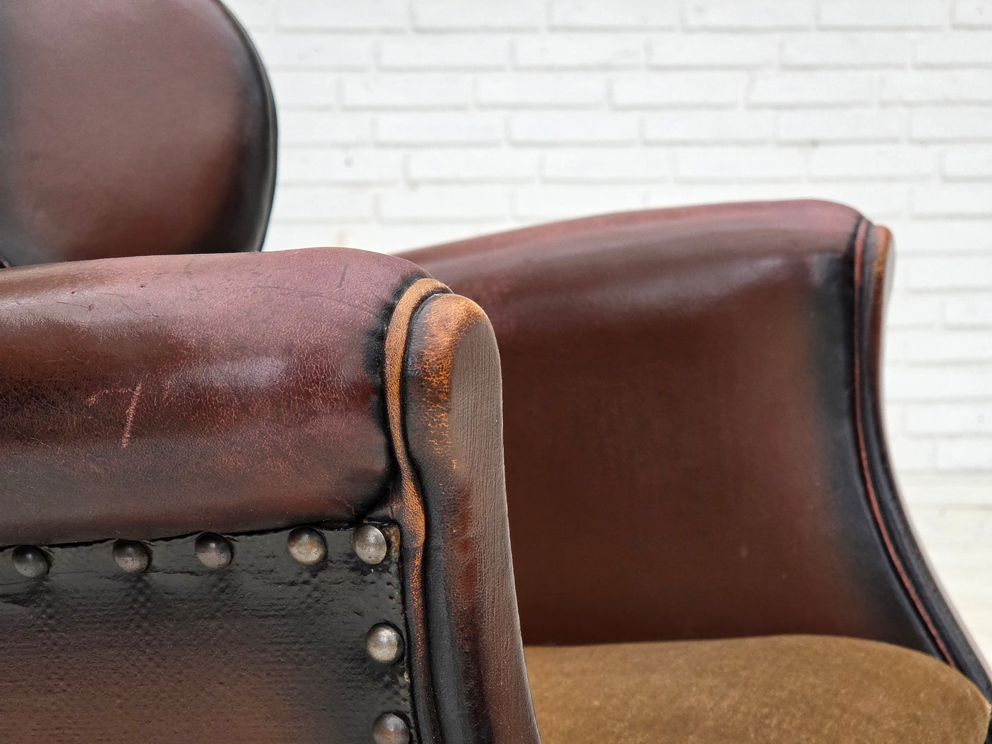 1930s, Danish armchair, brown furniture leather, velour.