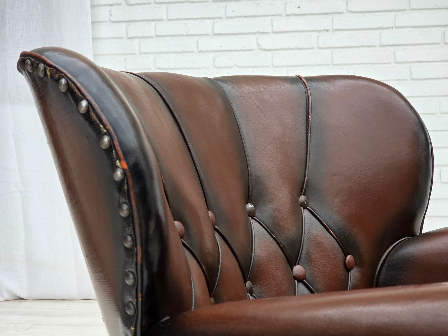 1930s, Danish armchair, brown furniture leather, velour.