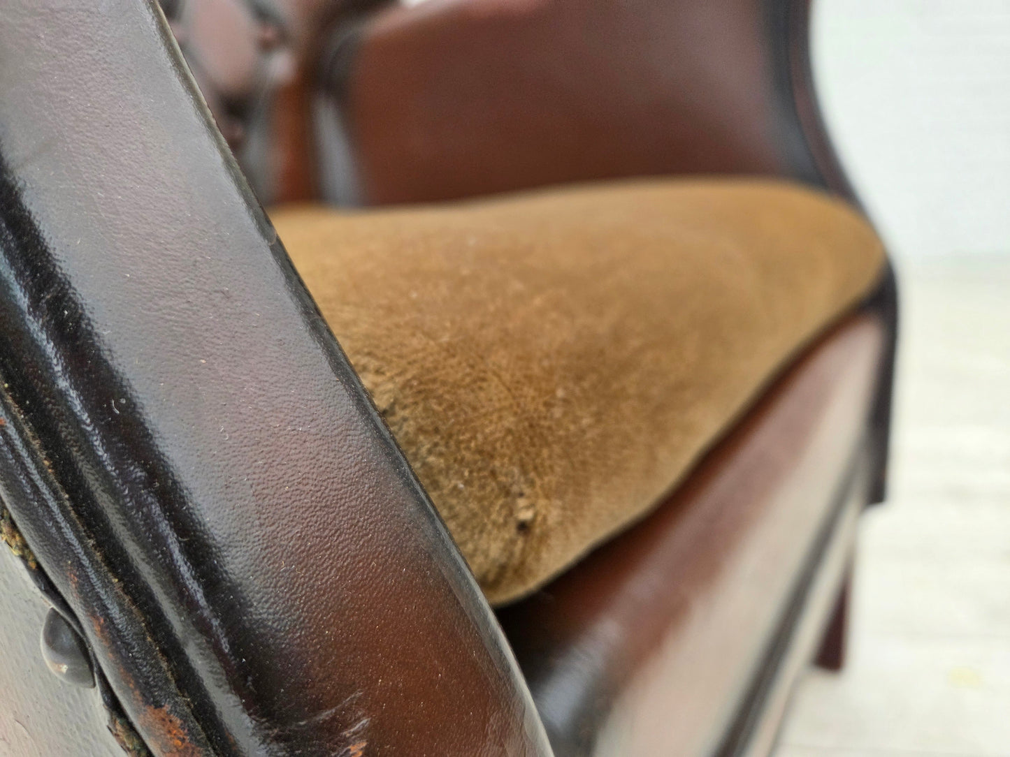 1930s, Danish armchair, brown furniture leather, velour.