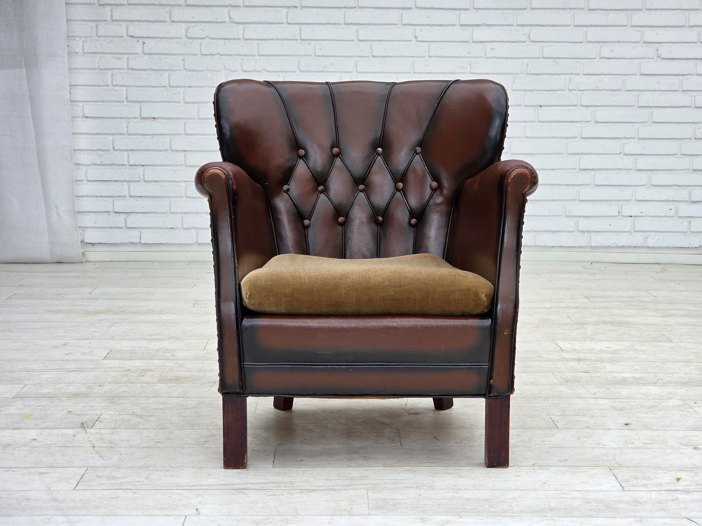 1930s, Danish armchair, brown furniture leather, velour.